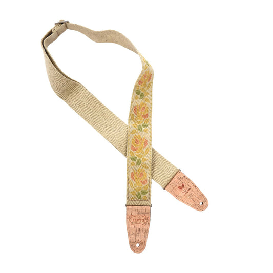 Levy's 2" Hemp 'Vegan' Guitar Strap Printed Rosa Motif Yellow And Orange w/Cork Ends Accessories / Straps
