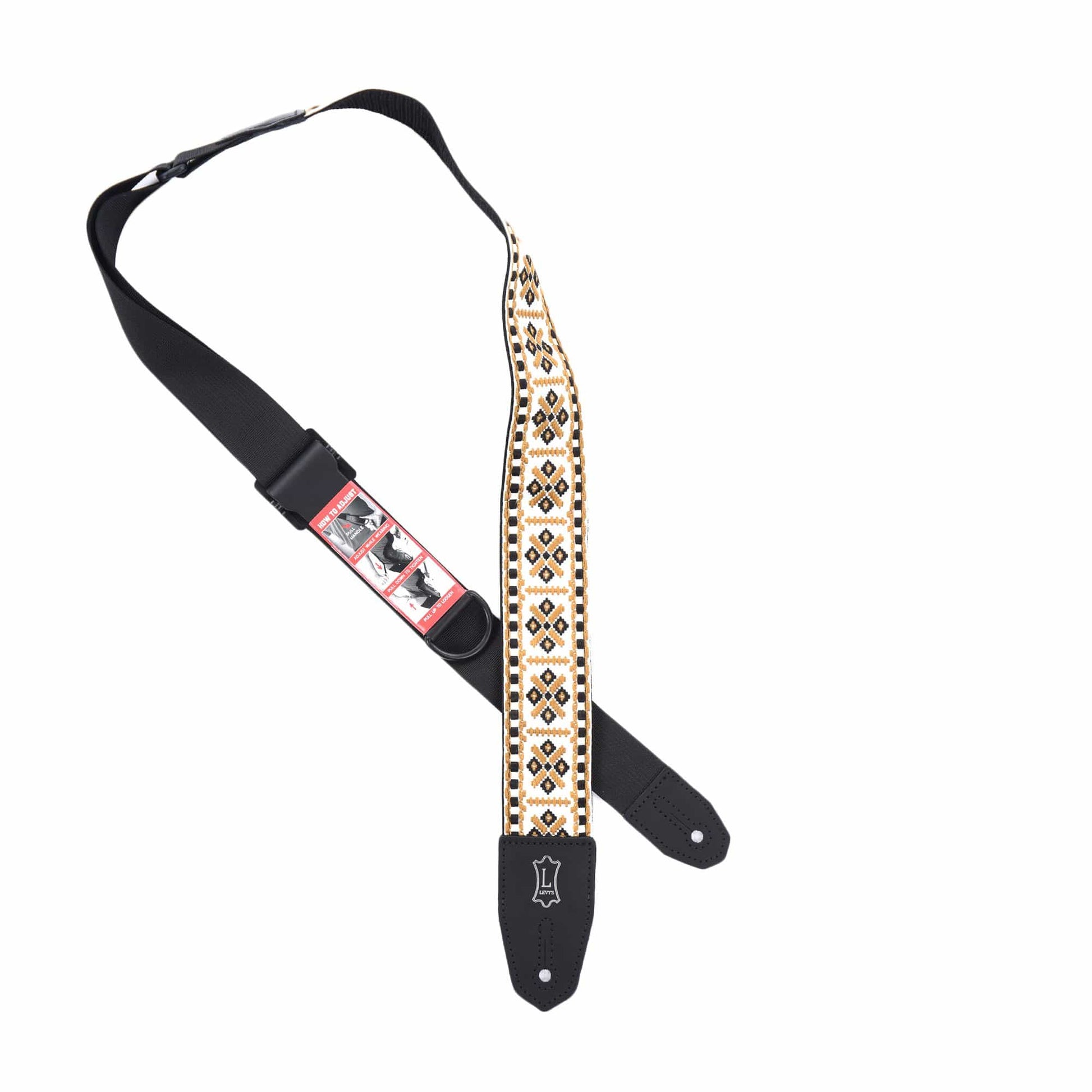 Levy's Right Height 2" Wide Jacquard Weave Guitar Strap White, Black, & Gold Hootenanny Motif Accessories / Straps