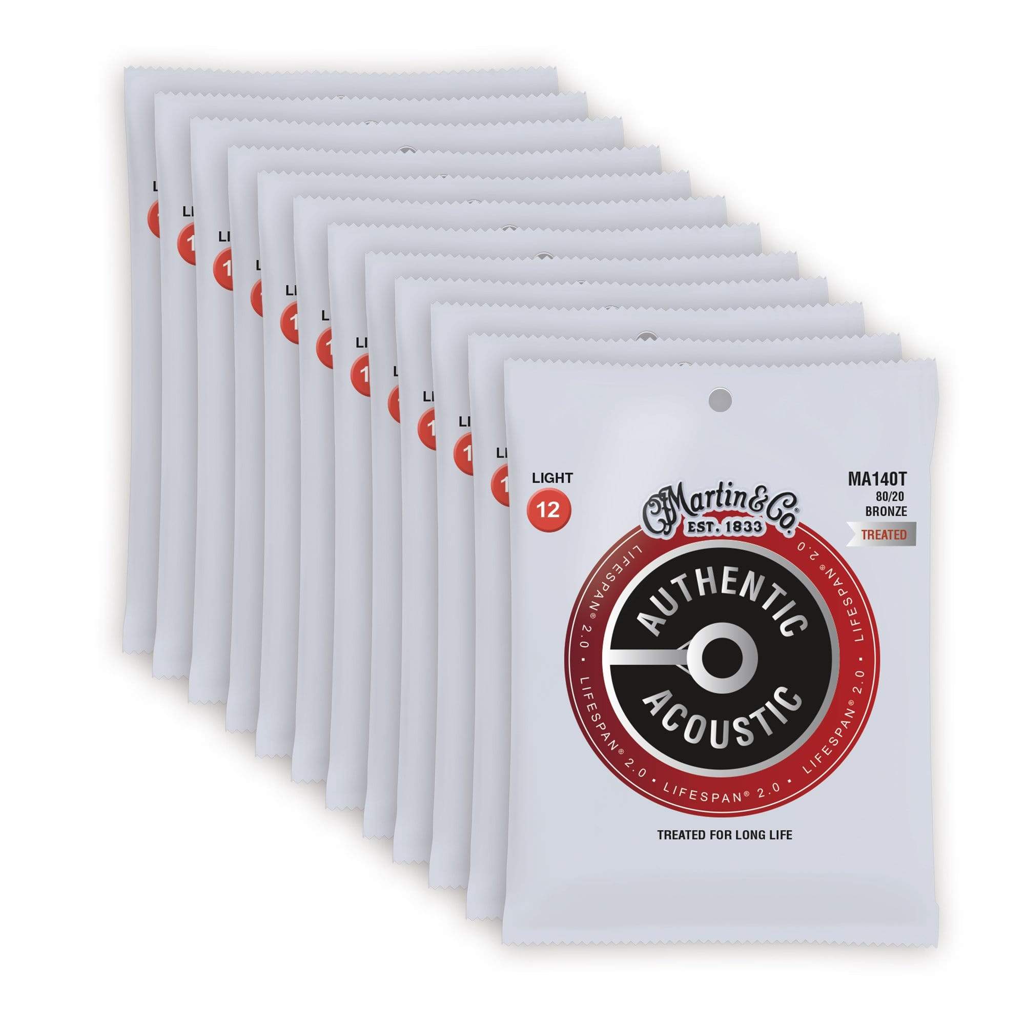 Martin MA140T Authentic Acoustic Lifespan 2.0 80/20 Bronze Light 12-54 12 Pack Bundle Accessories / Strings / Guitar Strings