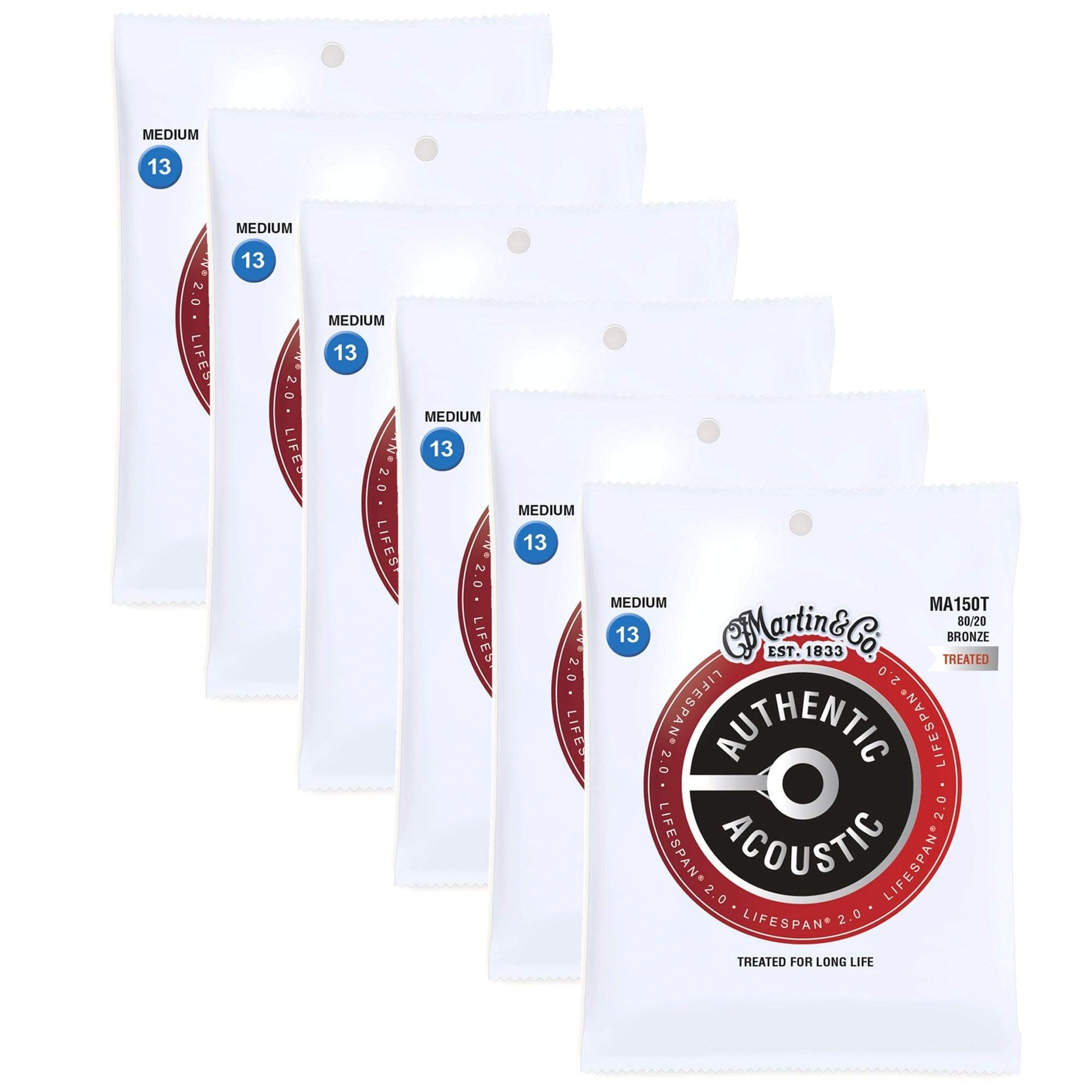 Martin MA150T Authentic Acoustic Lifespan 2.0 80/20 Bronze Medium 13-56 (6-Pack Bundle) Accessories / Strings / Guitar Strings