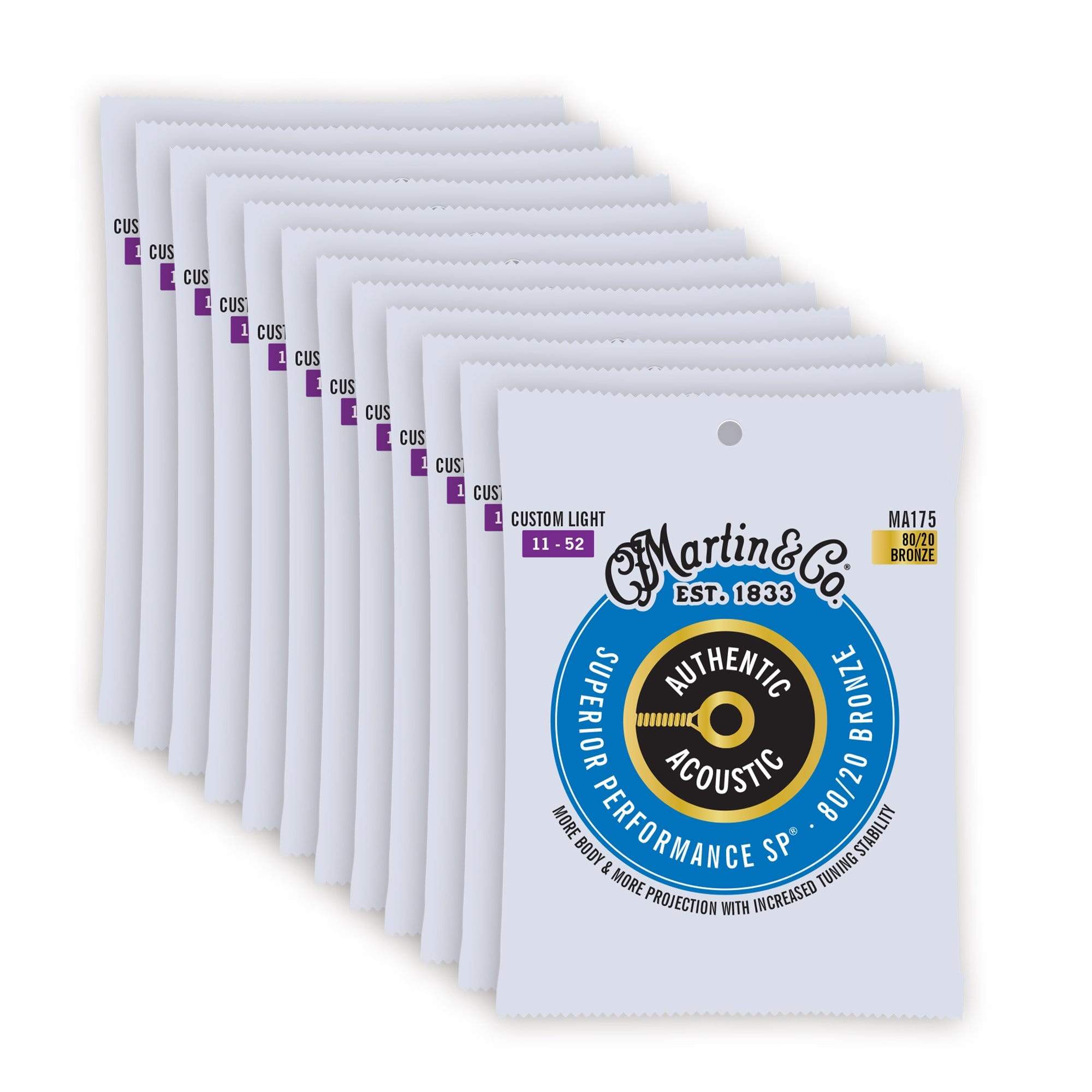 Martin MA175 Authentic Acoustic SP 80/20 Bronze Custom Light 11-52 12 Pack Bundle Accessories / Strings / Guitar Strings