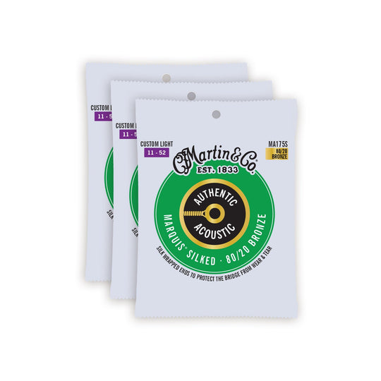 Martin MA175S Authentic Acoustic Marquis Silked 80/20 Bronze Custom Light 11-52 3 Pack Bundle Accessories / Strings / Guitar Strings