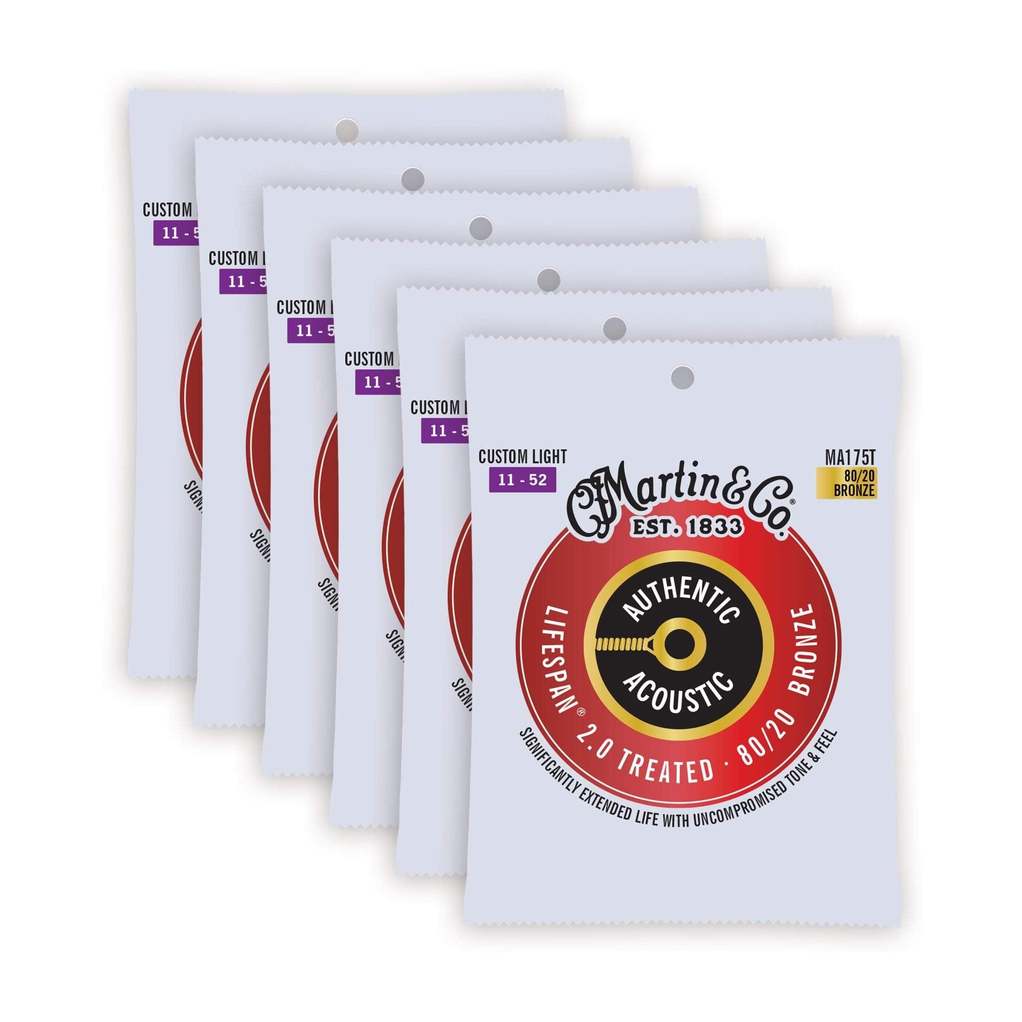 Martin MA175T Authentic Acoustic Lifespan 2.0 80/20 Bronze Custom Light 11-52 6 Pack Bundle Accessories / Strings / Guitar Strings