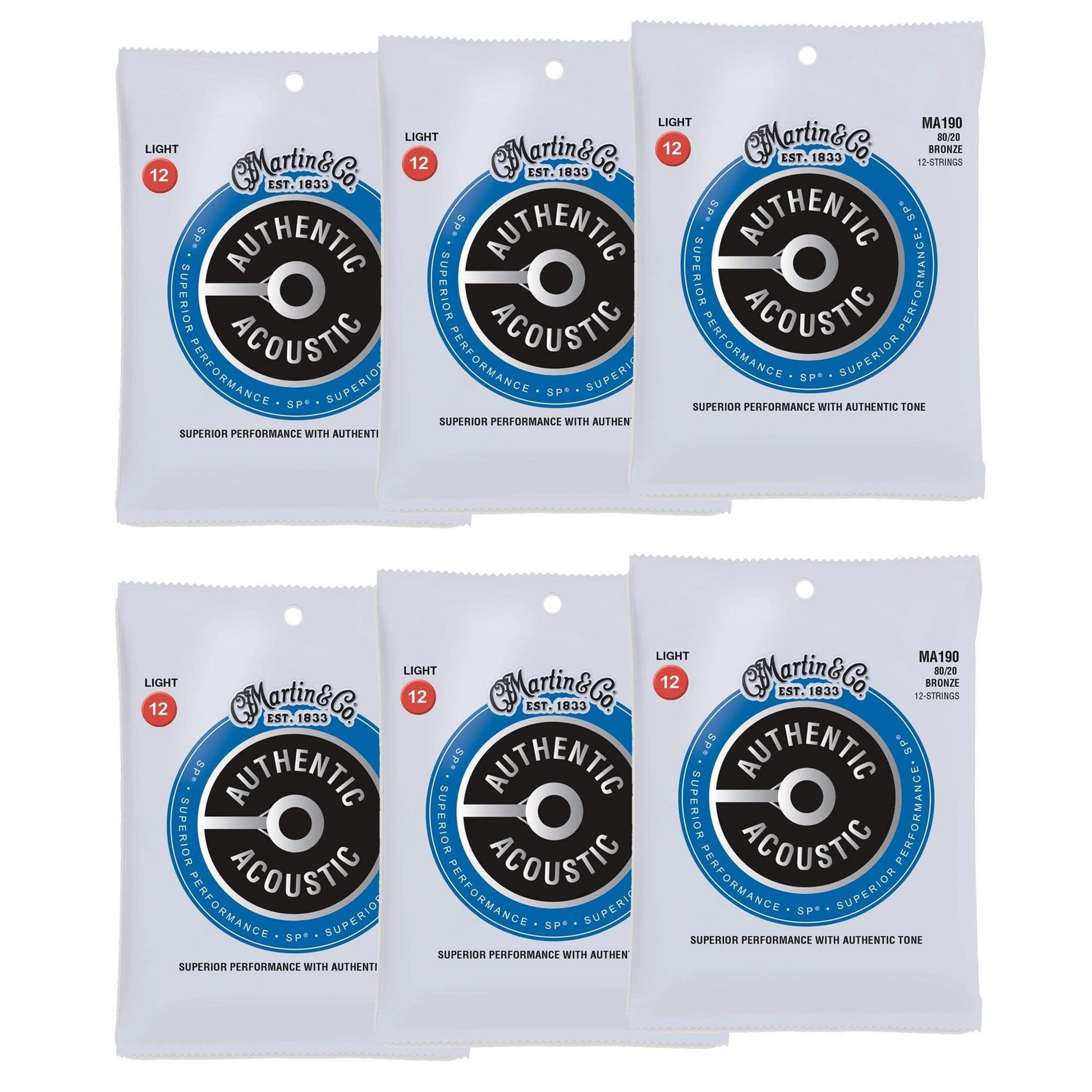 Martin MA190 Authentic Acoustic SP 80/20 Bronze Light 12-54 (6-Pack Bundle) Accessories / Strings / Guitar Strings