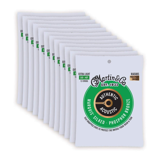 Martin MA500S Authentic Acoustic Marquis Silked 92/8 Phosphor Bronze Extra Light 12-String 10-47 12 Pack Bundle Accessories / Strings / Guitar Strings