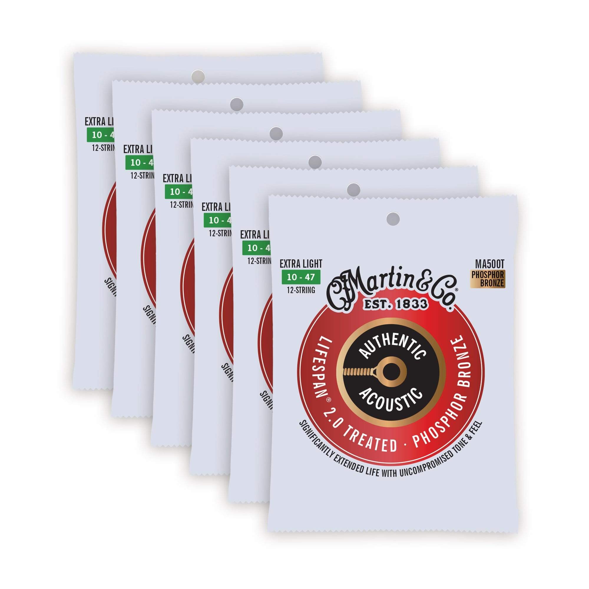 Martin MA500T Authentic Acoustic Lifespan 2.0 92/8 Phosphor Bronze Extra Light 12-String 10-47 6 Pack Bundle Accessories / Strings / Guitar Strings