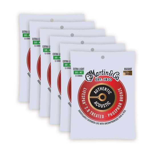 Martin MA500T Authentic Acoustic Lifespan 2.0 92/8 Phosphor Bronze Extra Light 12-String 10-47 6 Pack Bundle Accessories / Strings / Guitar Strings