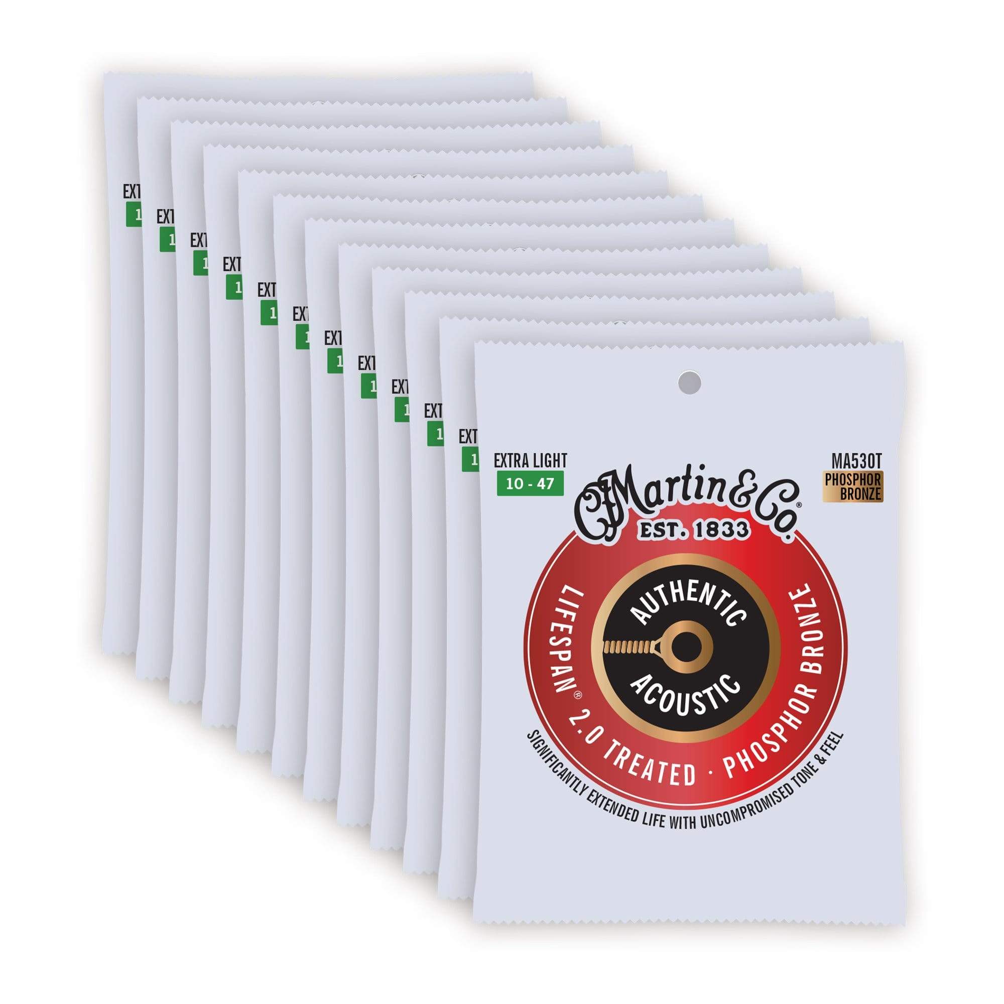 Martin MA530T Authentic Acoustic Lifespan 2.0 92/8 Phosphor Bronze Extra Light 10-47 12 Pack Bundle Accessories / Strings / Guitar Strings