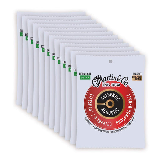 Martin MA530T Authentic Acoustic Lifespan 2.0 92/8 Phosphor Bronze Extra Light 10-47 12 Pack Bundle Accessories / Strings / Guitar Strings