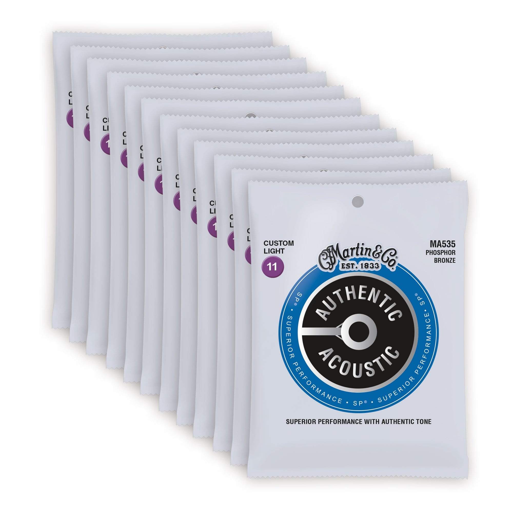 Martin MA535 Authentic Acoustic SP 92/8 Phosphor Bronze Custom Light 11-52 12 Pack Bundle Accessories / Strings / Guitar Strings