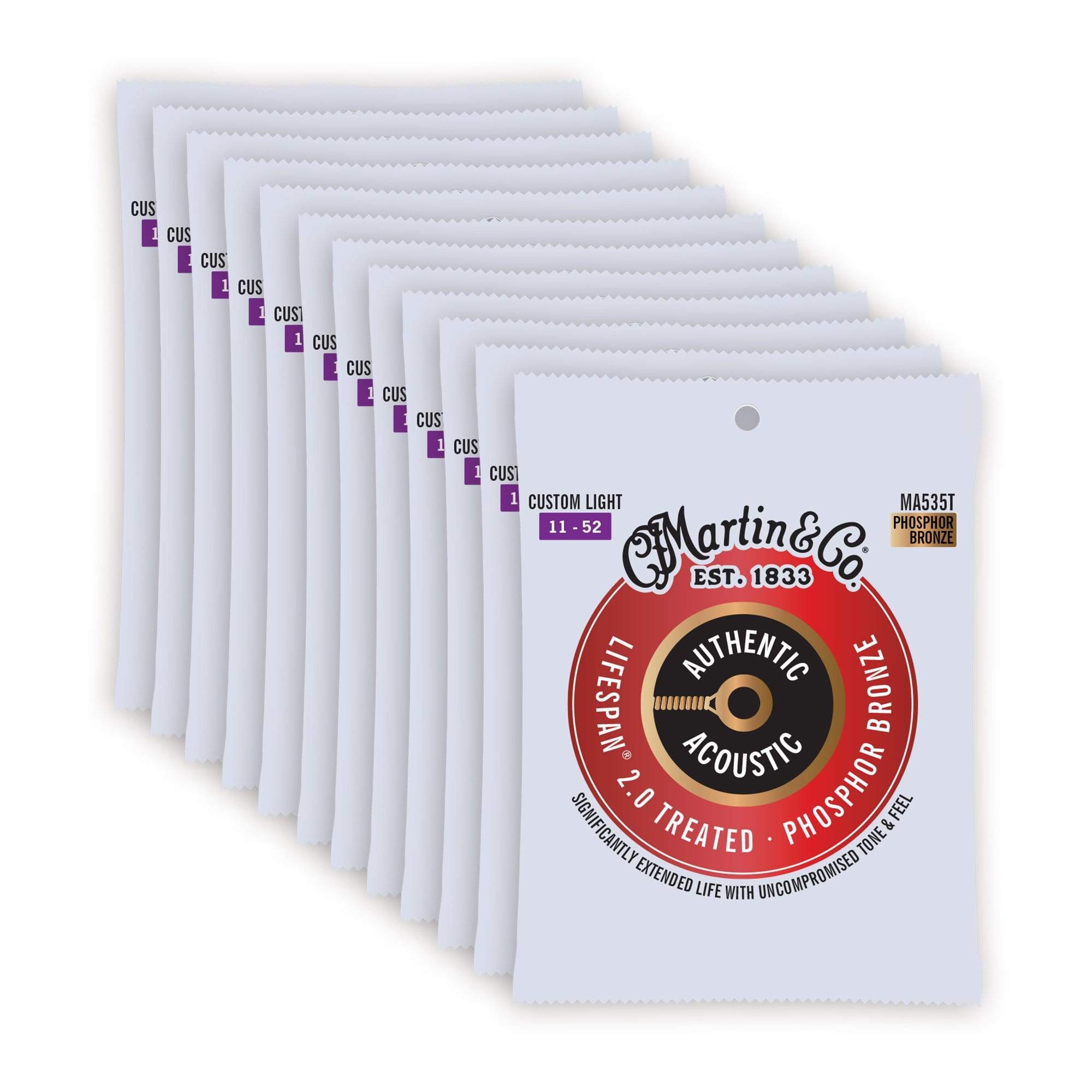 Martin MA535T Authentic Acoustic Lifespan 2.0 92/8 Phosphor Bronze Custom Light 11-52 12 Pack Bundle Accessories / Strings / Guitar Strings