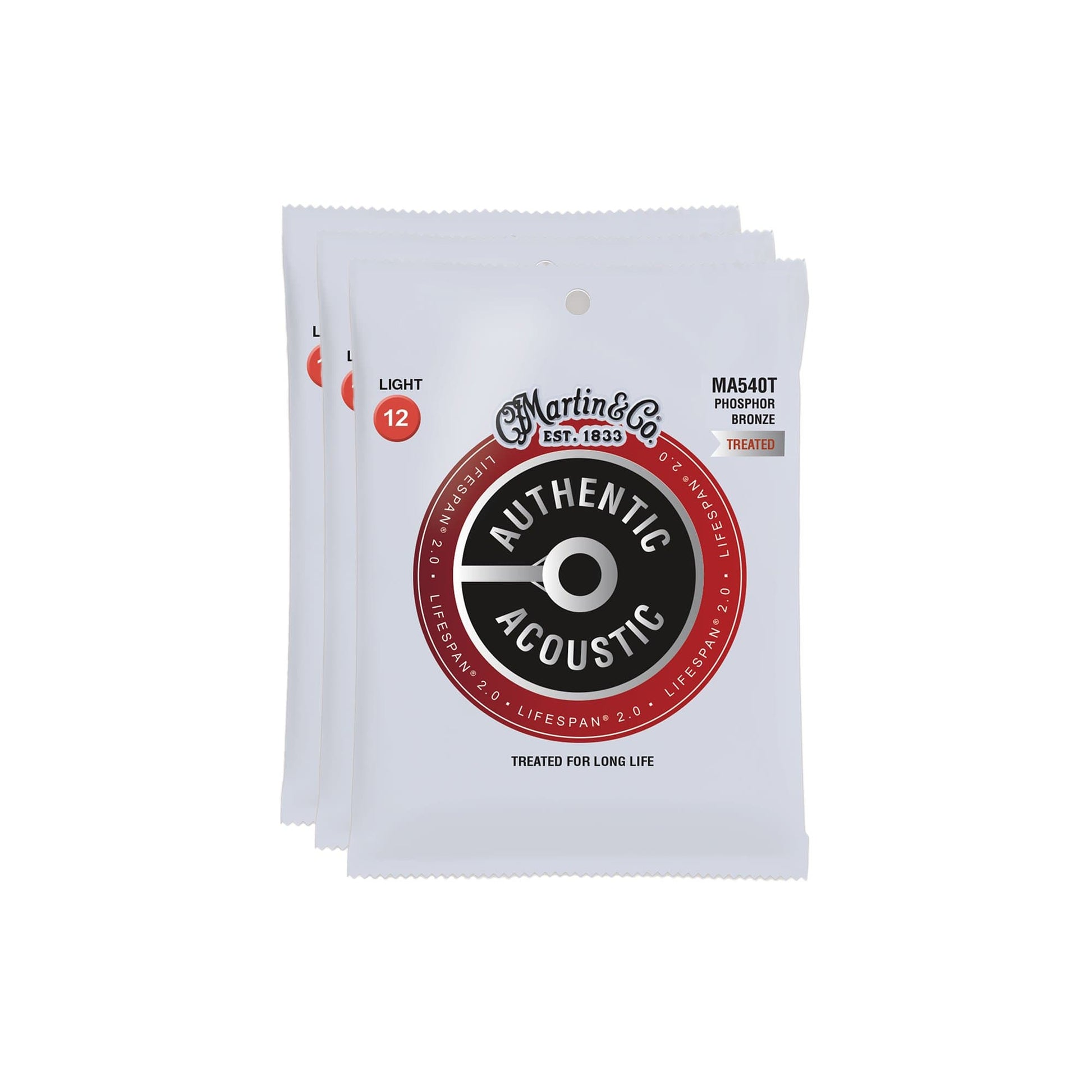 Martin MA540T Authentic Acoustic Lifespan 2.0 92/8 Phosphor Bronze Light 12-54 (3-Pack Bundle) Accessories / Strings / Guitar Strings