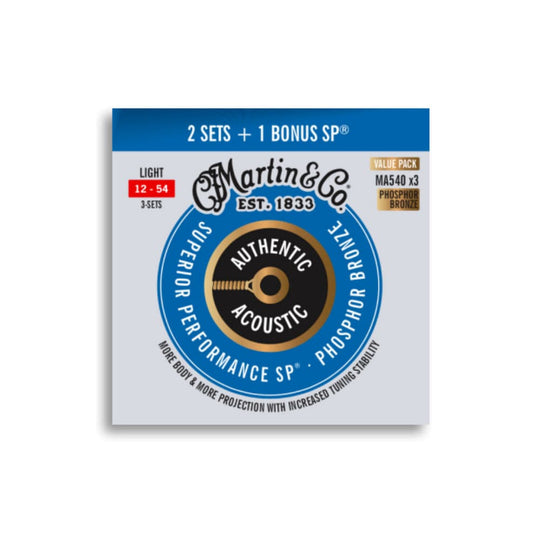 Martin MA540 Authentic Acoustic SP 92/8 Phosphor Bronze Light 12-54 3 Set Value Pack