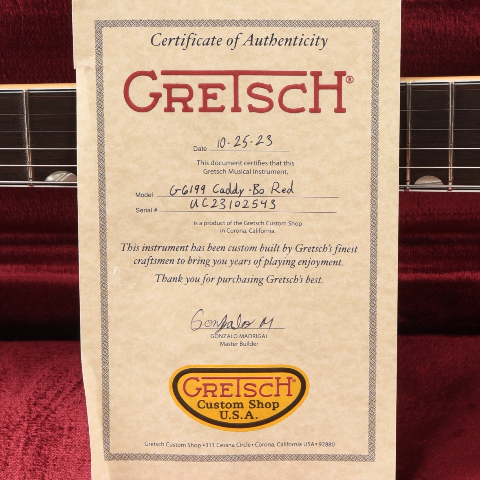 Gretsch Custom Shop Red Aniline Caddy Bo Relic w/Brazilian Rosewood Fingerboard & ThroBak ESG-102B Pickups Masterbuilt by Gonzalo Madrigal