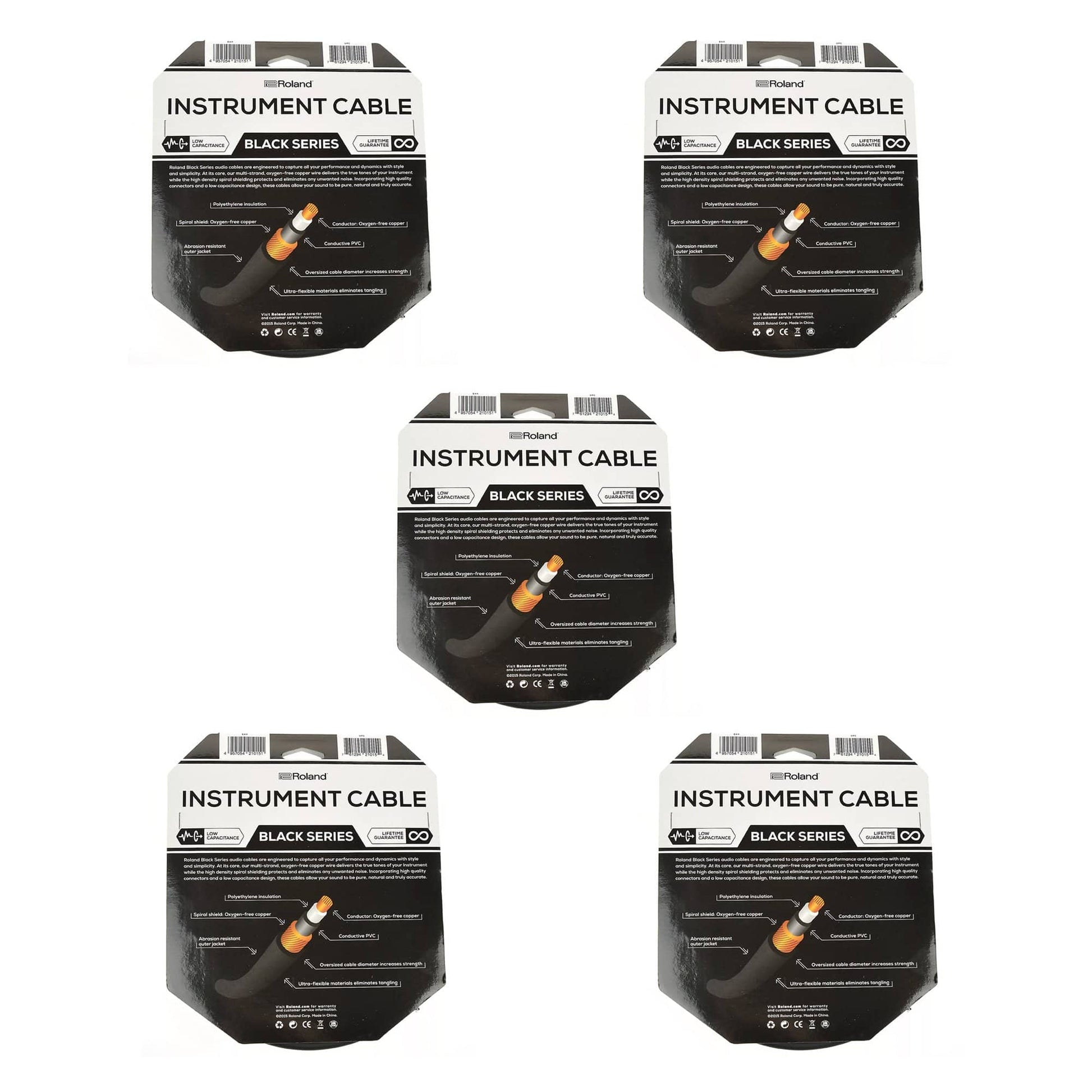 Roland Black Series 20ft A/S 1/4" Instrument Cable 5 Pack Bundle Accessories / Cables