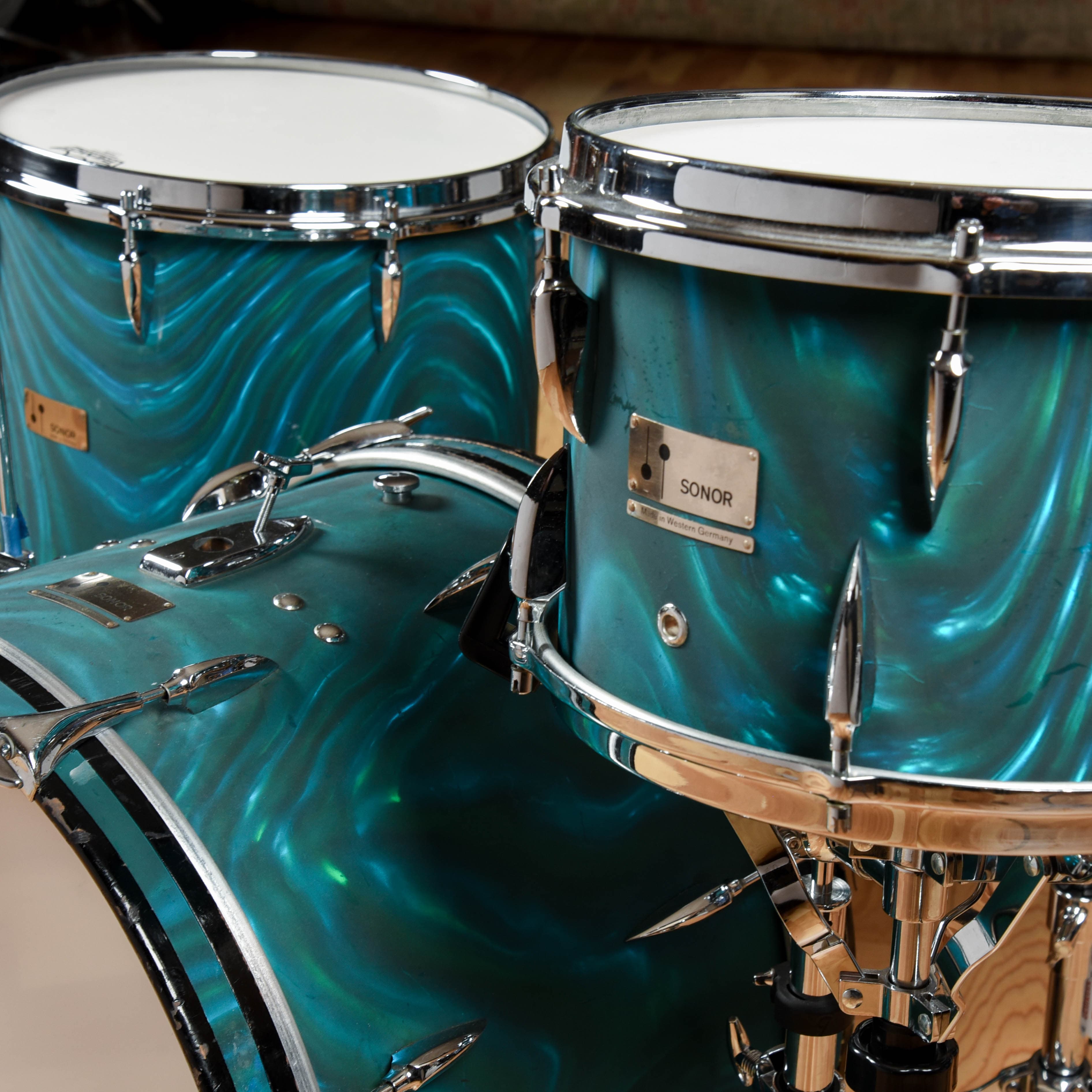 Sonor 13/16/20 w/4.5x14 Snare Drum Aqua Satin Flame 1960s