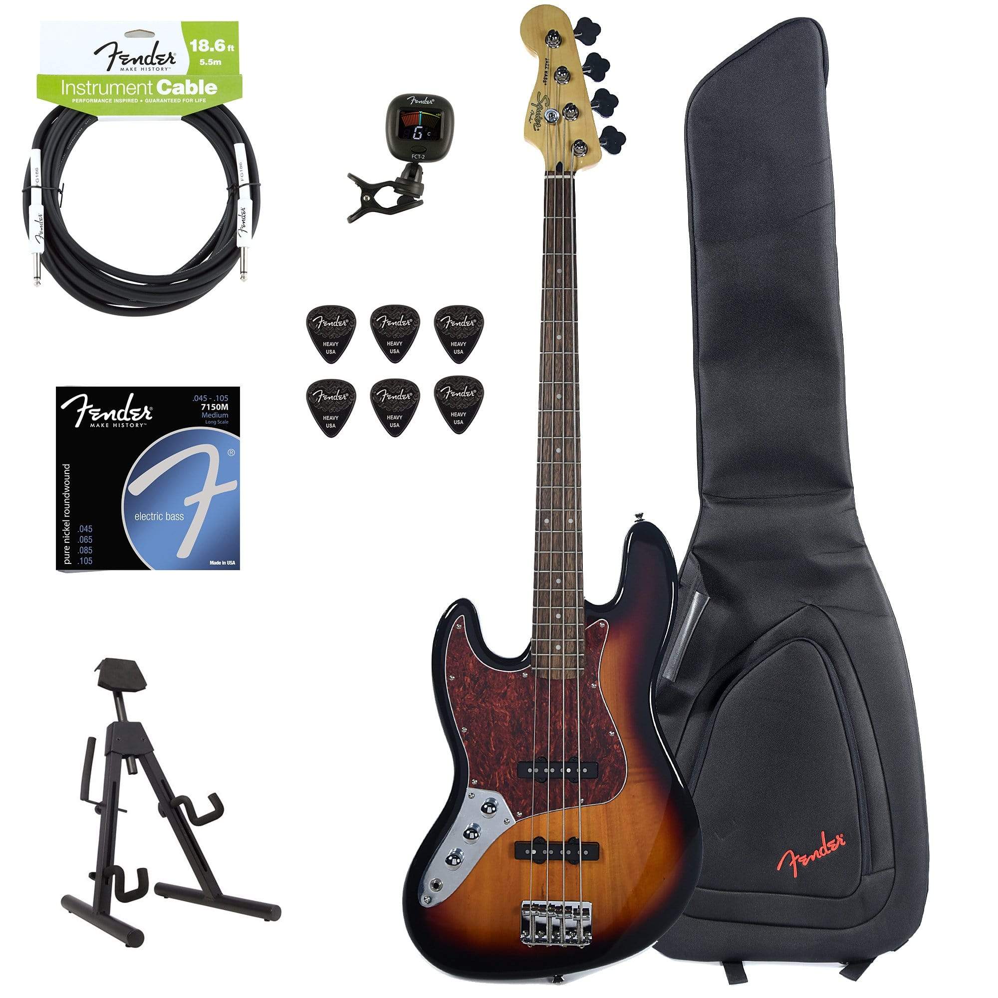 Squier Vintage Modified Jazz Bass 3-Color Sunburst LEFTY w/Fender Gig Bag, Stand, Cable, Tuner, Picks and Strings Bass Guitars / 4-String,Bass Guitars / Left-Handed