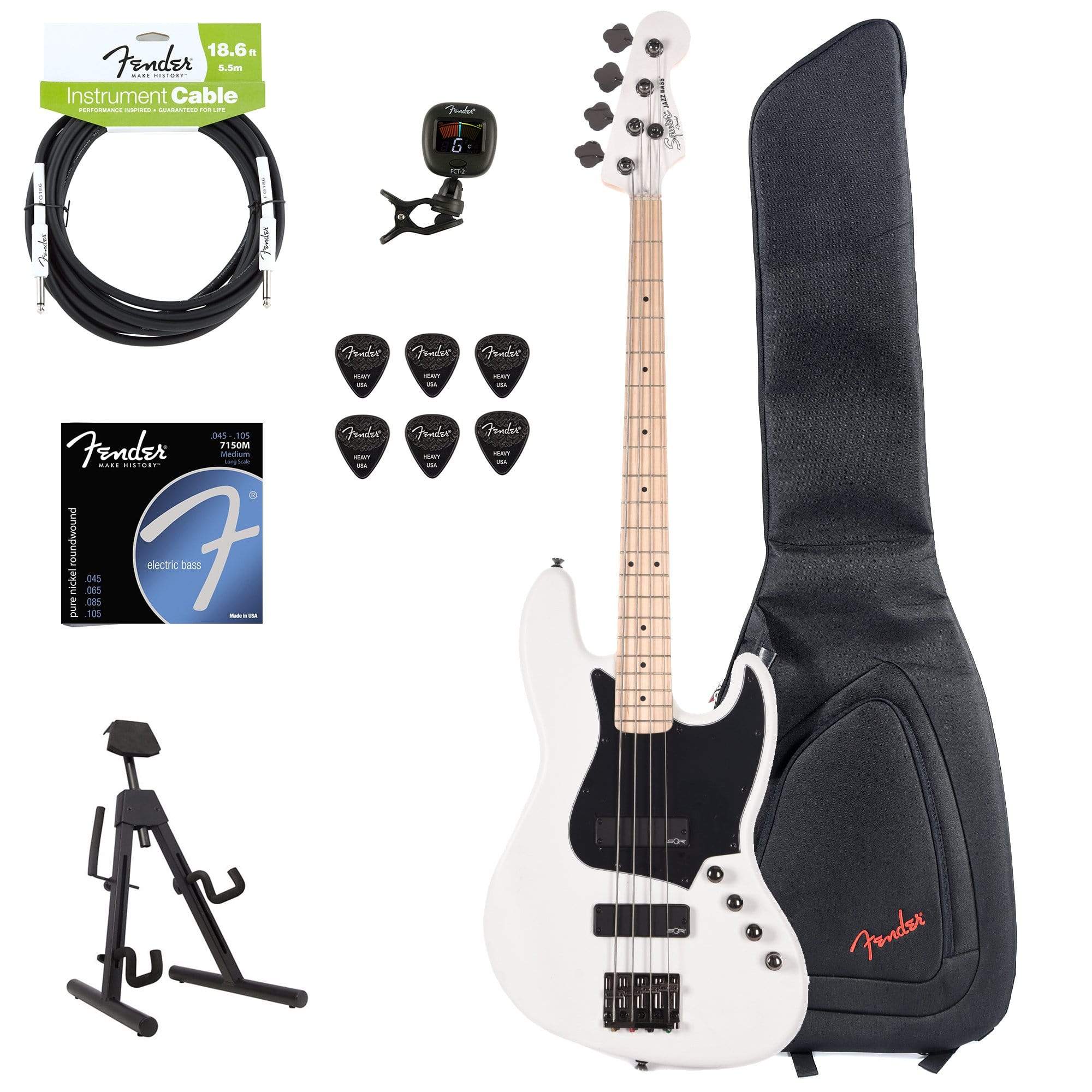 Squier Contemporary Active Jazz Bass HH Flat White w/Fender Gig Bag, Stand, Cable, Tuner, Picks and Strings Bass Guitars / 4-String