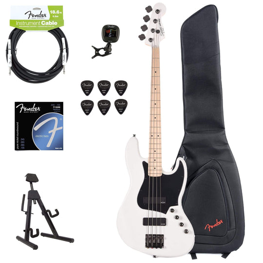 Squier Contemporary Active Jazz Bass HH Flat White w/Fender Gig Bag, Stand, Cable, Tuner, Picks and Strings Bass Guitars / 4-String