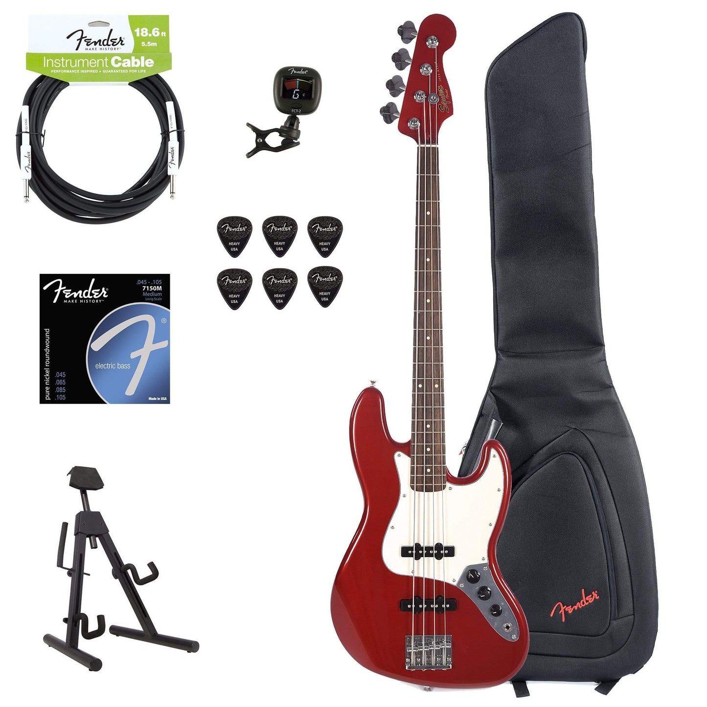 Squier Contemporary Jazz Bass Dark Metallic Red w/Fender Gig Bag, Stand, Cable, Tuner, Picks and Strings Bass Guitars / 4-String