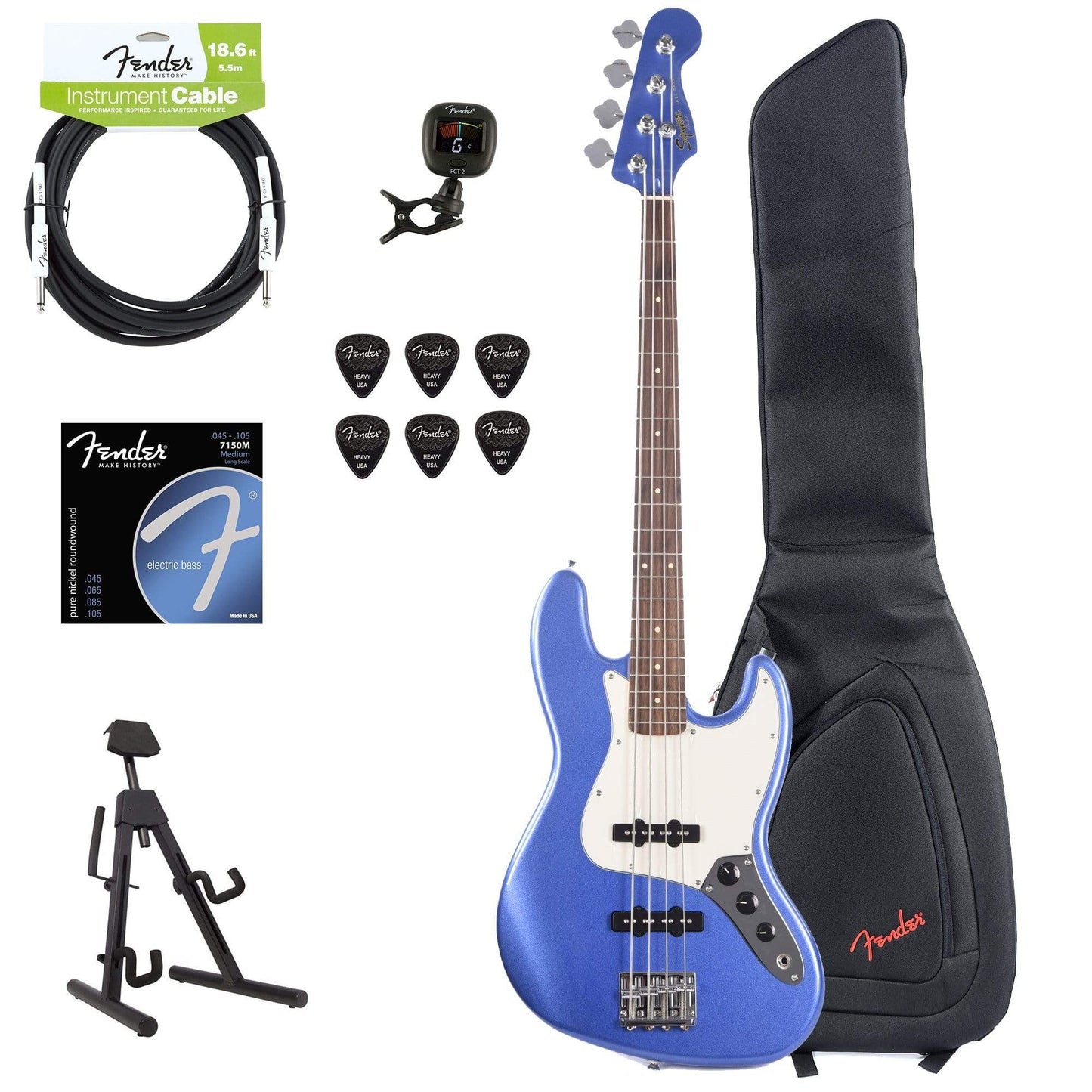 Squier Contemporary Jazz Bass Ocean Blue Metallic w/Fender Gig Bag, Stand, Cable, Tuner, Picks and Strings Bass Guitars / 4-String