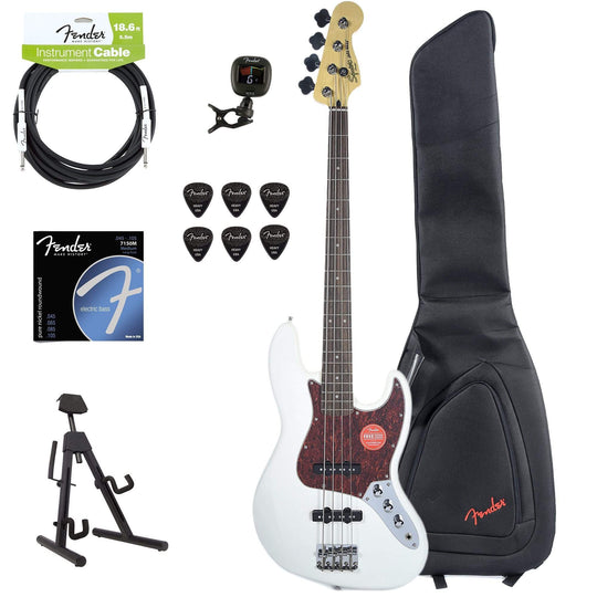 Squier Vintage Modified Jazz Bass Olympic White w/Fender Gig Bag, Stand, Cable, Tuner, Picks and Strings Bass Guitars / 4-String
