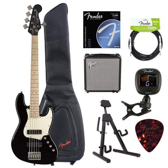 Squier Contemporary Active Jazz Bass V HH Black w/Fender Gig Bag, Stand, Cable, Tuner, Picks and Strings Bass Guitars / 5-String or More,Bass Guitars / Active Electronics