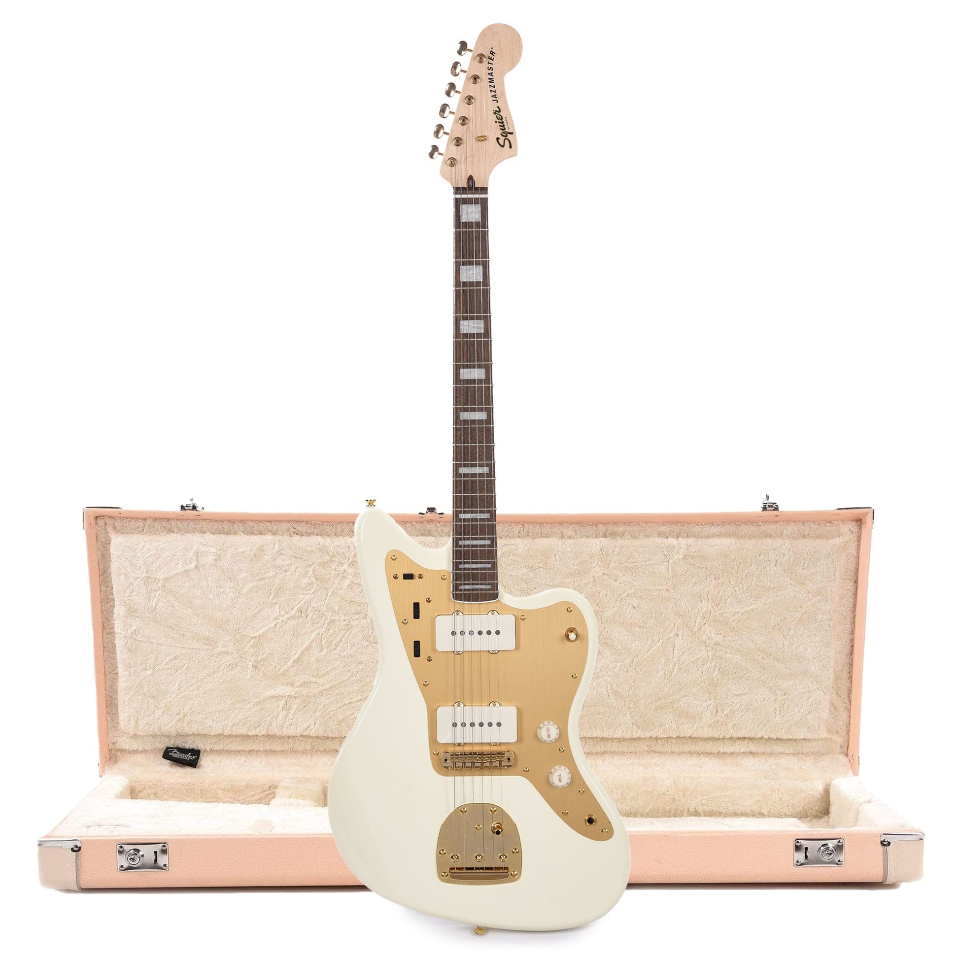 Squier 40th Anniversary Gold Edition Jazzmaster LRL Olympic White w/Gold Anodized Pickguard and Hardshell Case Jazzmaster/Jaguar Shell Pink w/Cream Interior (CME Exclusive) Electric Guitars / Solid Body