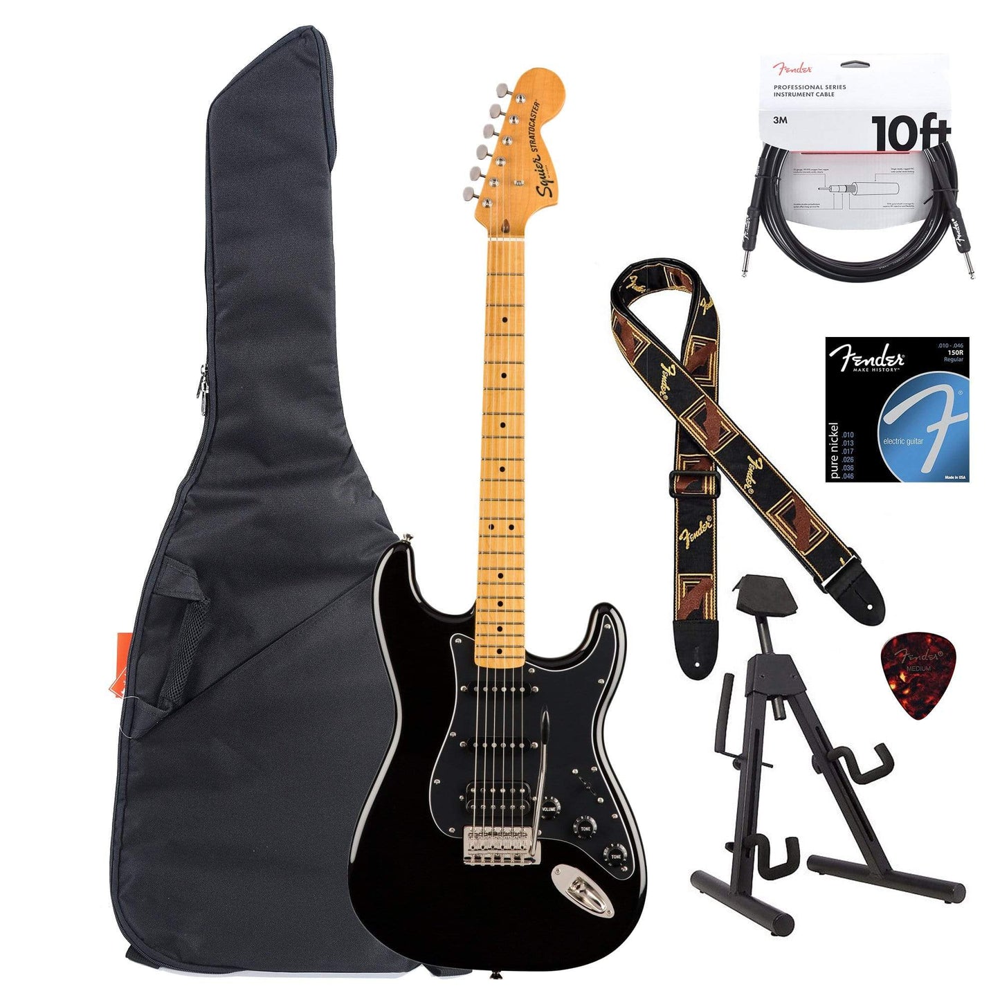 Squier Classic Vibe 70s Stratocaster HSS MN Black Essentials Bundle Electric Guitars / Solid Body