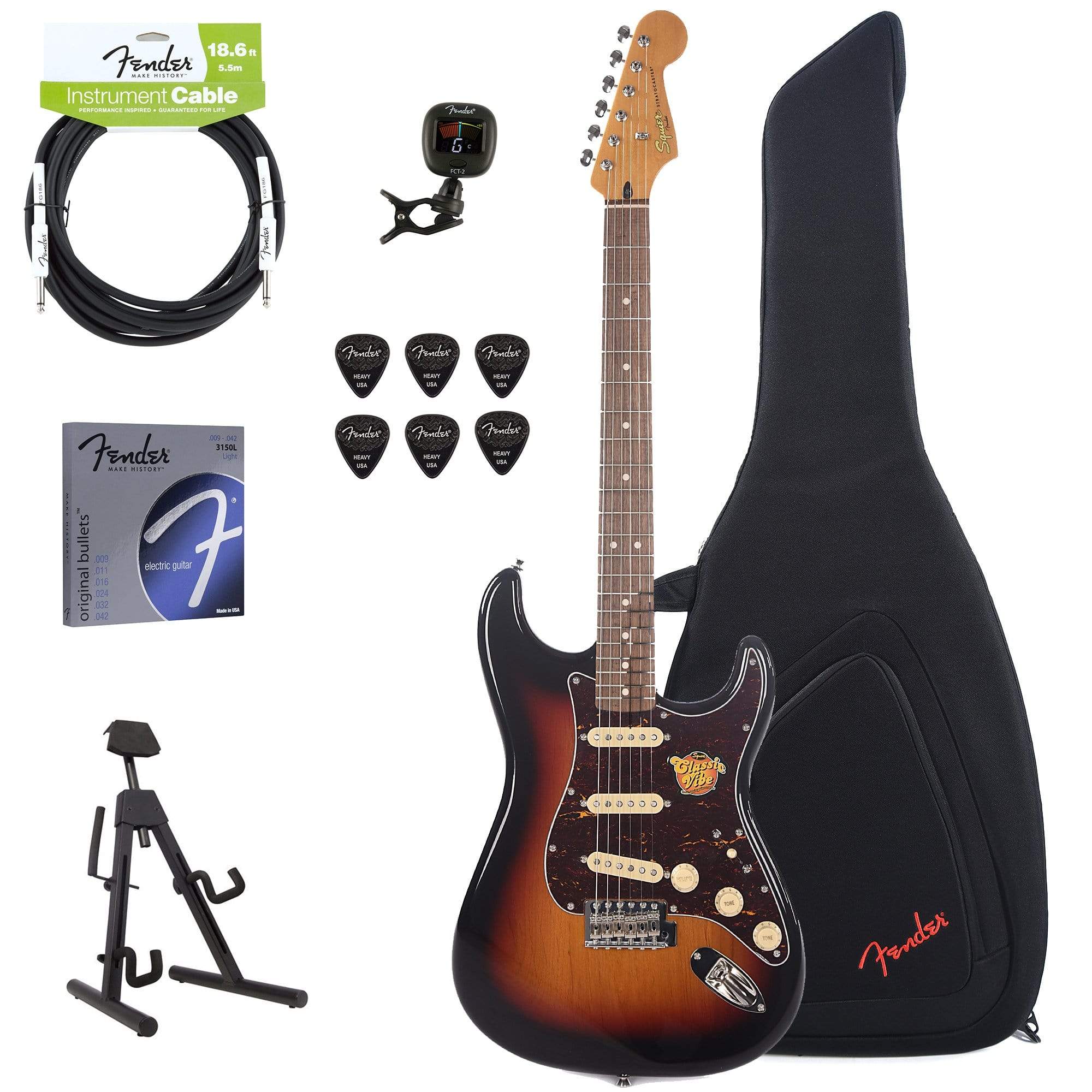 Squier Classic Vibe Stratocaster 60s 3-Color Sunburst w/Fender Gig Bag, Stand, Cable, Tuner, Picks and Strings Electric Guitars / Solid Body