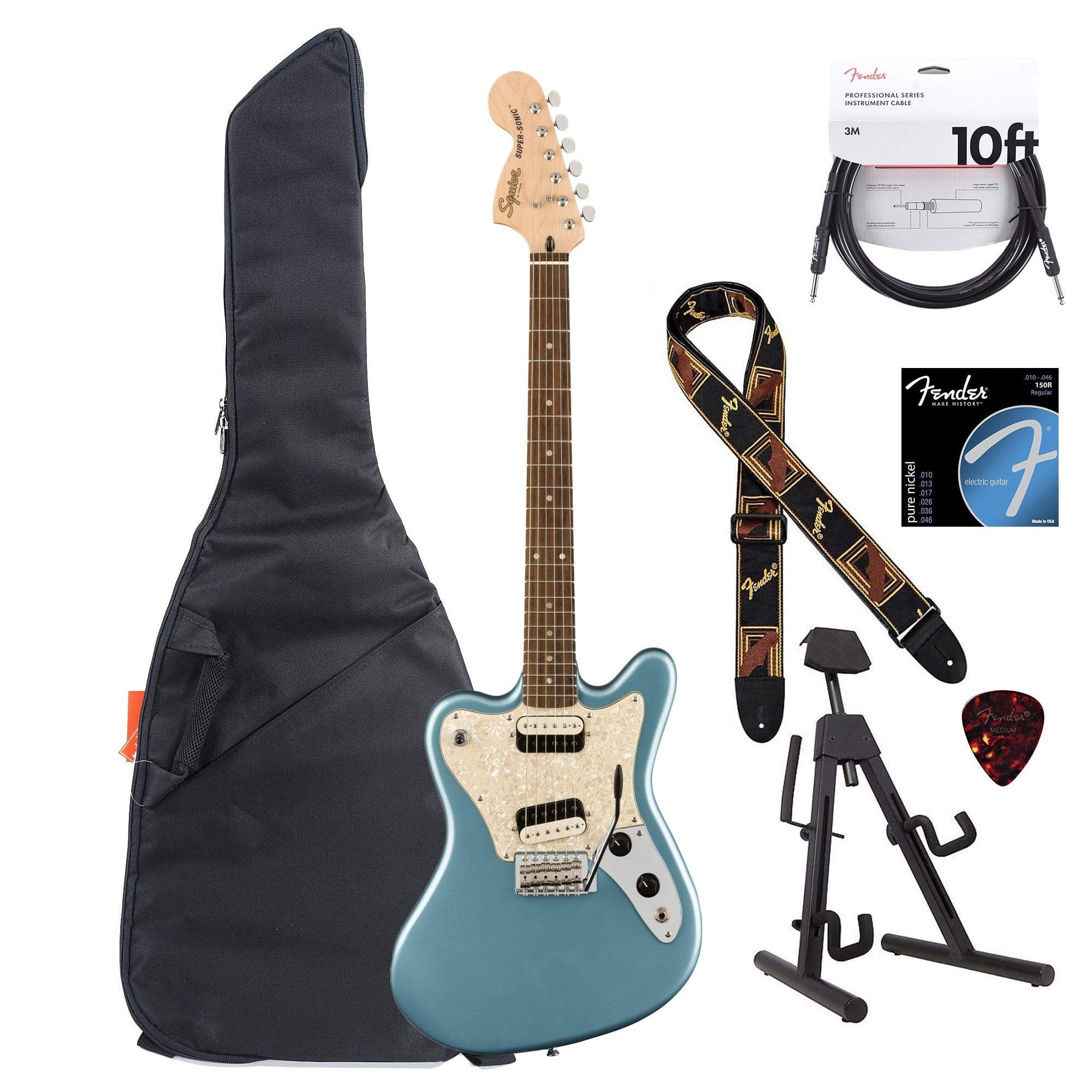 Squier Paranormal Super-Sonic LRL Ice Blue Metallic Essentials Bundle Electric Guitars / Solid Body