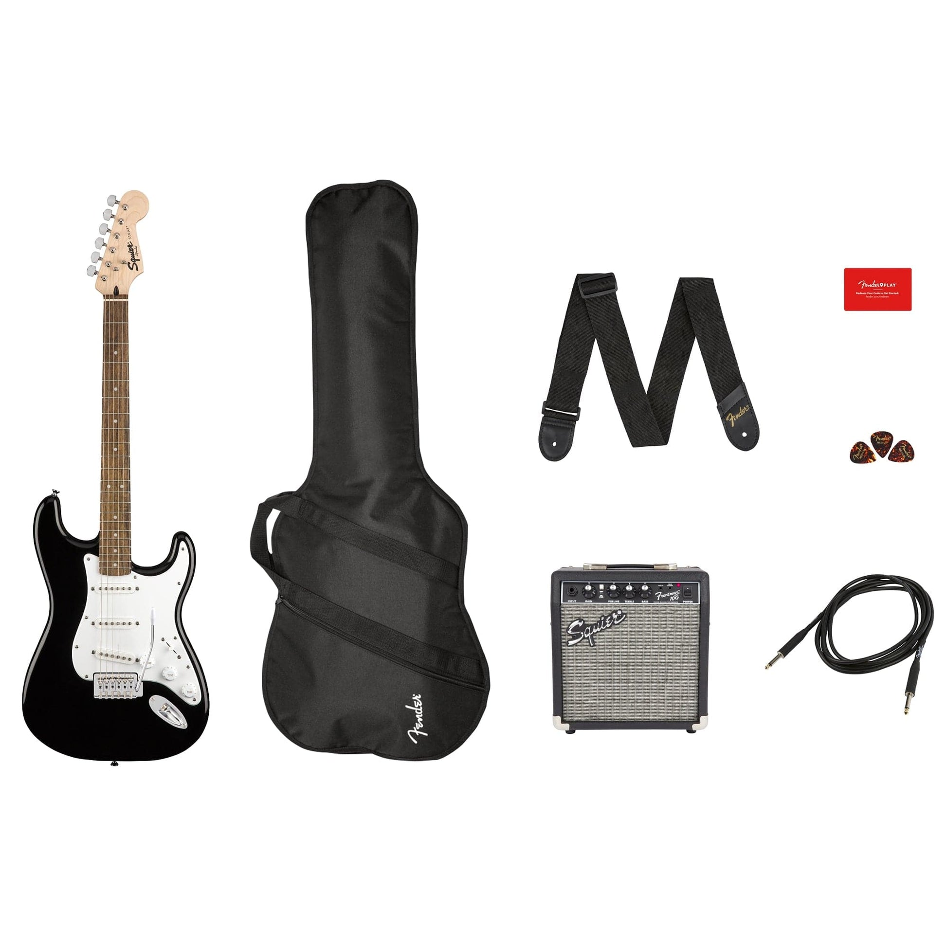 Squier Stratocaster Pack Black w/Frontman 10G Amp, Gig Bag, Strap, Cable, Picks, & 3-Month Play Subscription Electric Guitars / Solid Body