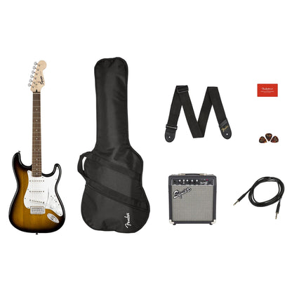 Squier Stratocaster Pack Brown Sunburst w/Frontman 10G Amp, Gig Bag, Strap, Cable, Picks, & 3-Month Play Subscription Electric Guitars / Solid Body