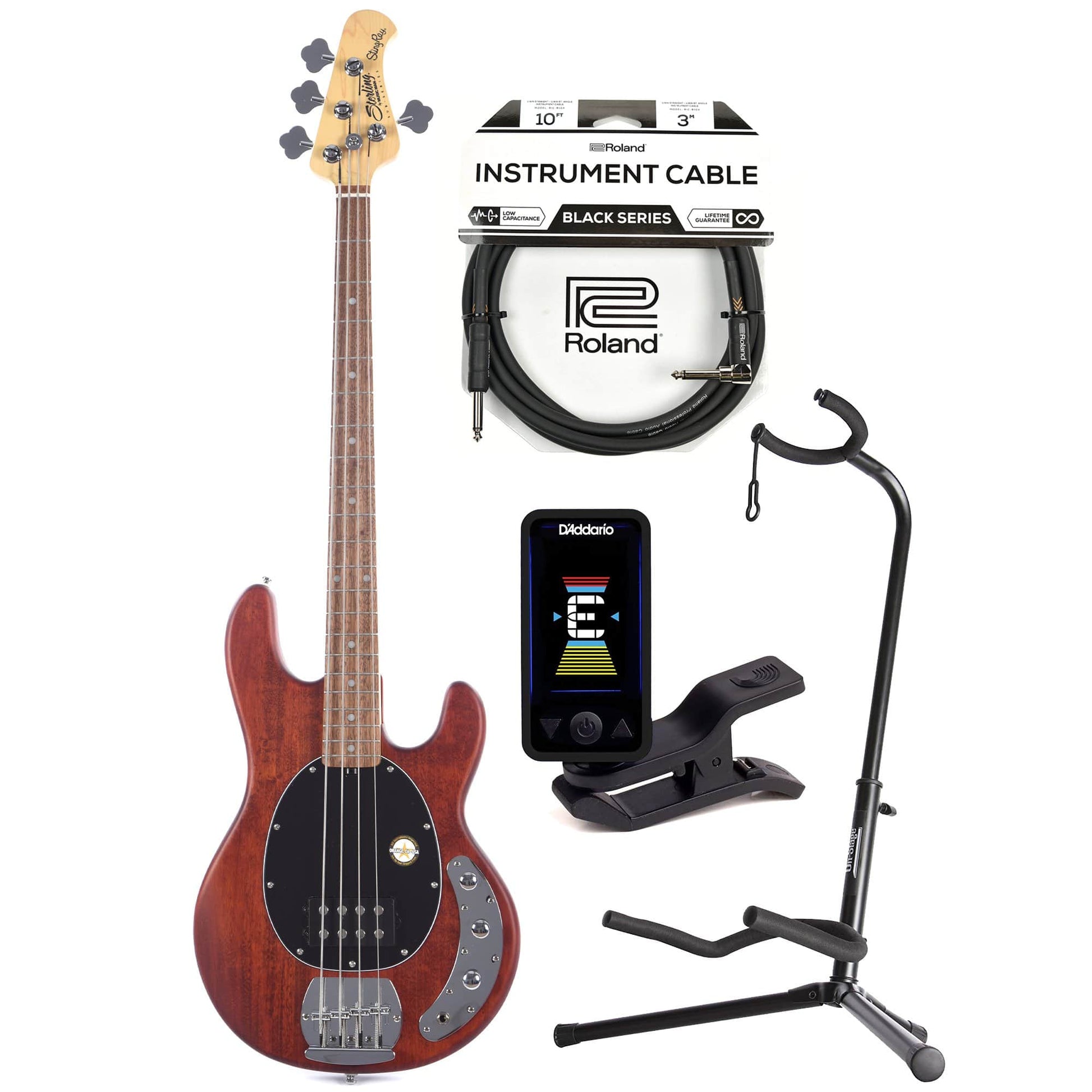 Sterling by Music Man S.U.B. Series StingRay Walnut Satin w/Guitar Stand, Tuner and 10' Cable Bundle Bass Guitars / 4-String