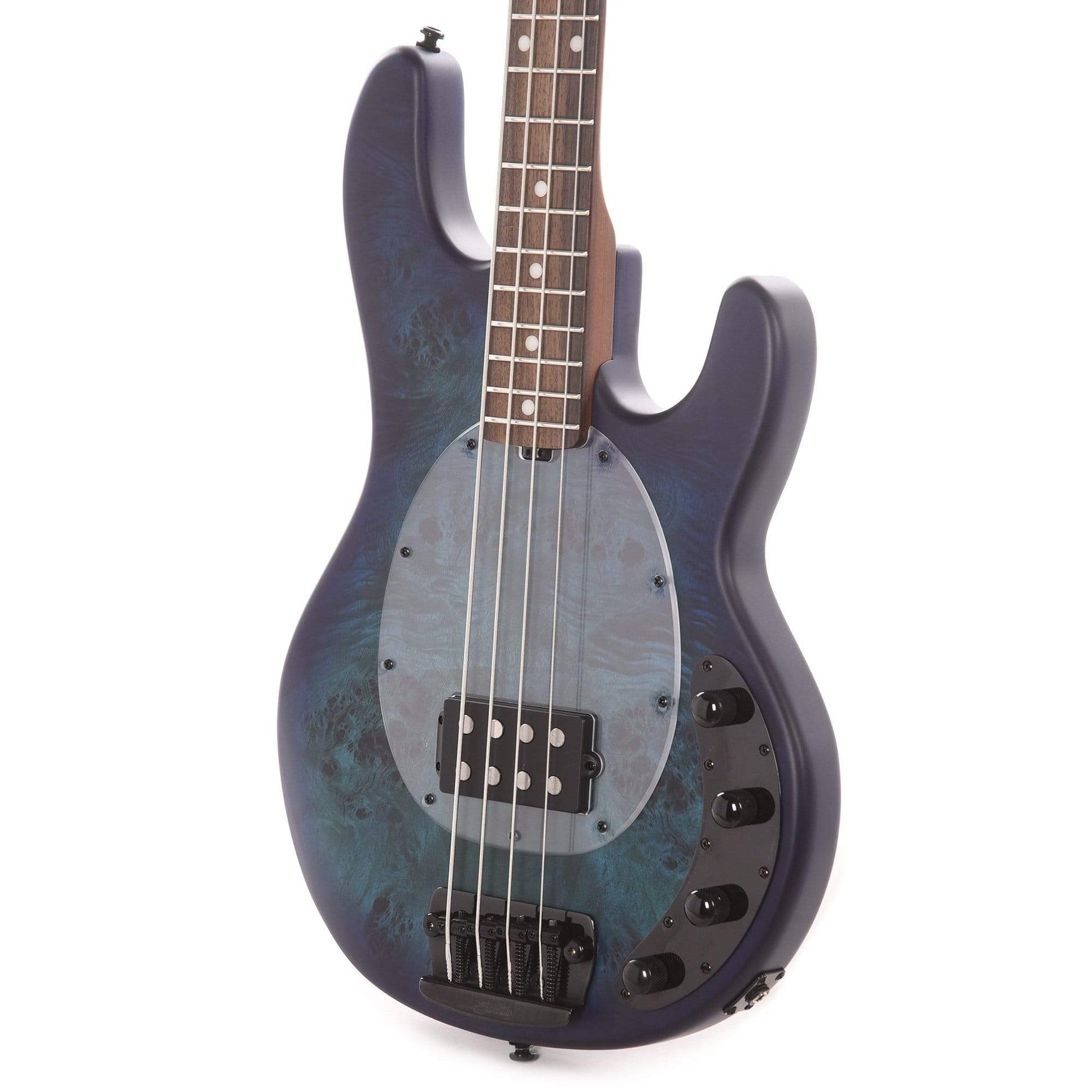 Sterling by Music Man StingRay Poplar Burl Top Neptune Blue Satin Bass Guitars / 4-String
