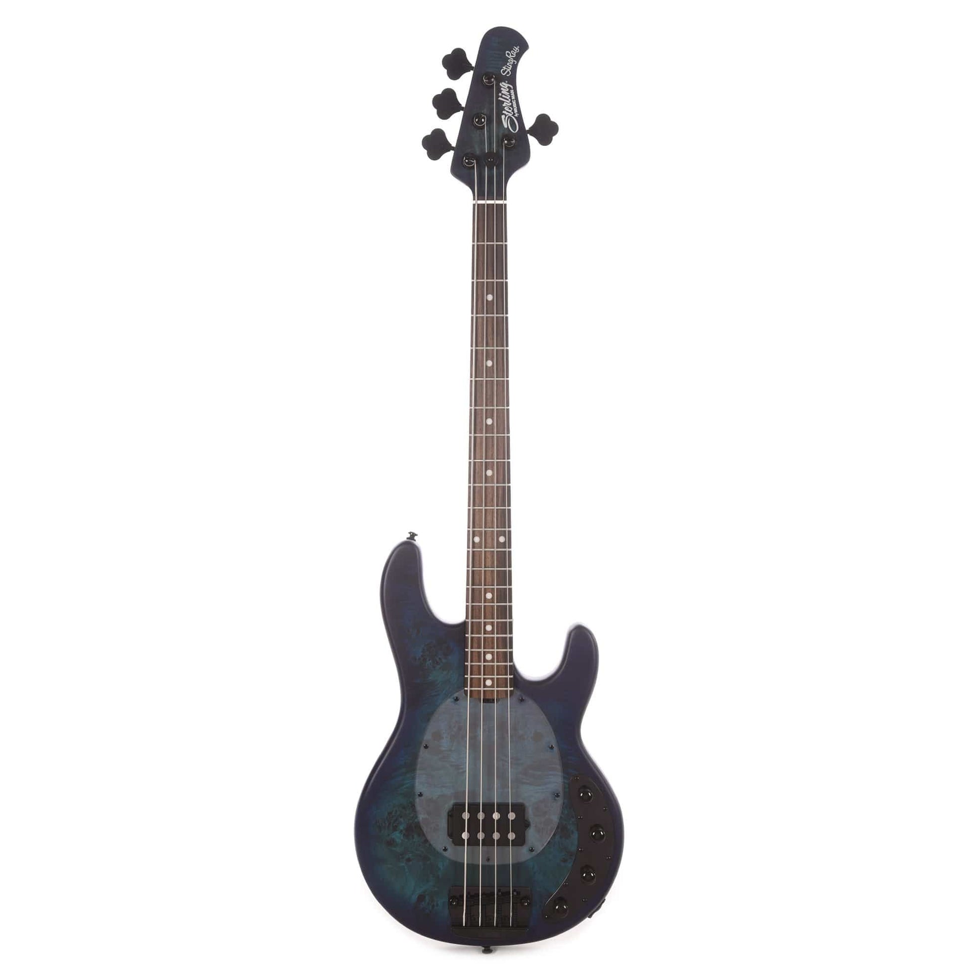 Sterling by Music Man StingRay Poplar Burl Top Neptune Blue Satin Bass Guitars / 4-String