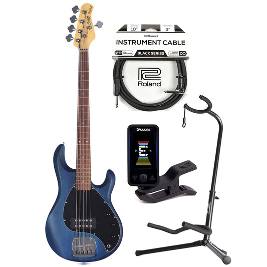 Sterling by Music Man S.U.B. Series StingRay5 5-String Trans Blue Satin w/Guitar Stand, Tuner and 10' Cable Bundle Bass Guitars / 5-String or More