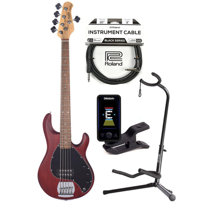 Sterling by Music Man S.U.B. Series StingRay5 5-String Walnut Satin w/Guitar Stand, Tuner and 10' Cable Bundle Bass Guitars / 5-String or More