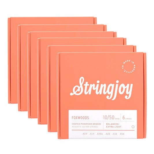 Stringjoy Foxwoods Acoustic Coated Phosphor Bronze Extra Light Gauge 10-50 6 Pack Bundle Accessories / Strings / Guitar Strings