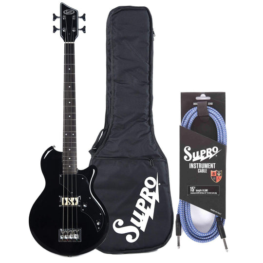 Supro Huntington I Bass Jet Black Bundle w/ Supro 15' Instrument Cable and Gig Bag Bass Guitars / 4-String