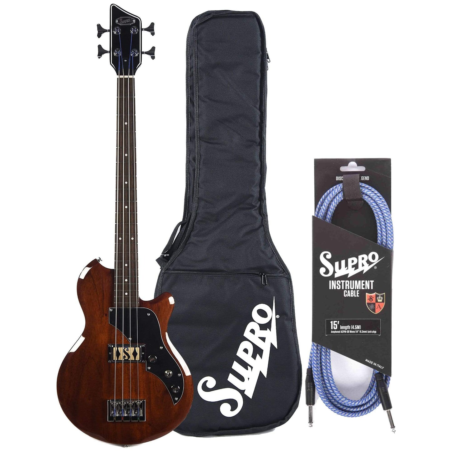Supro Huntington I Bass Natural Mahogany w/Piezo Bundle w/ Supro 15' Instrument Cable and Gig Bag Bass Guitars / 4-String
