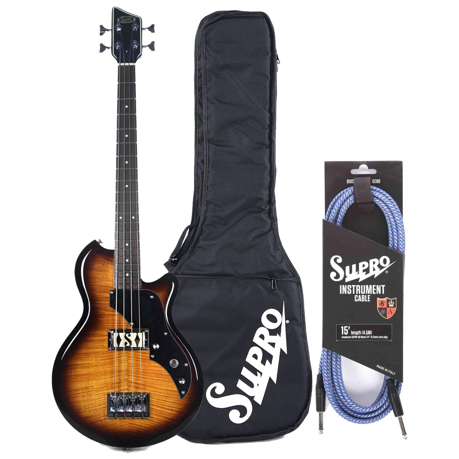 Supro Huntington I Bass Tobacco Sunburst w/Piezo Bundle w/ Supro 15' Instrument Cable and Gig Bag Bass Guitars / 4-String