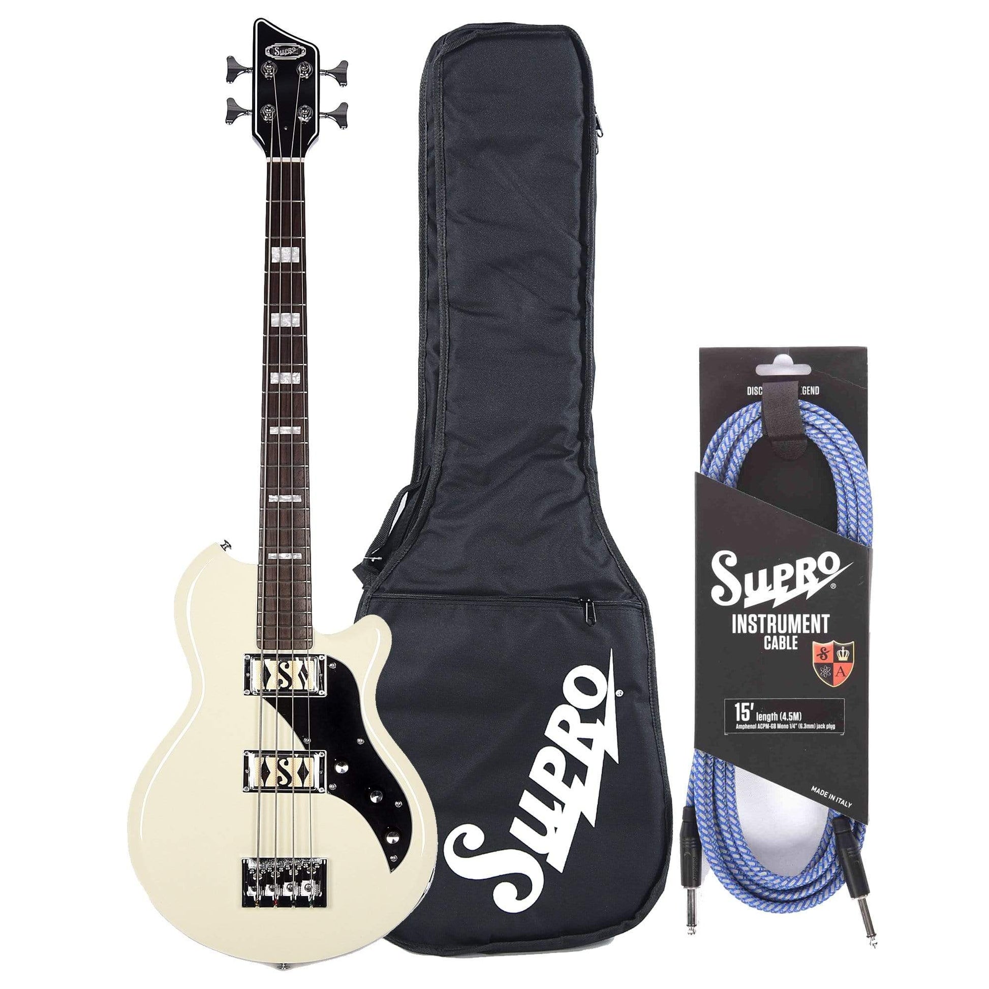 Supro Huntington II Bass Antique White Bundle w/ Supro 15' Instrument Cable and Gig Bag Bass Guitars / 4-String