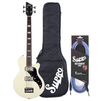 Supro Huntington II Bass Antique White Bundle w/ Supro 15' Instrument Cable and Gig Bag Bass Guitars / 4-String