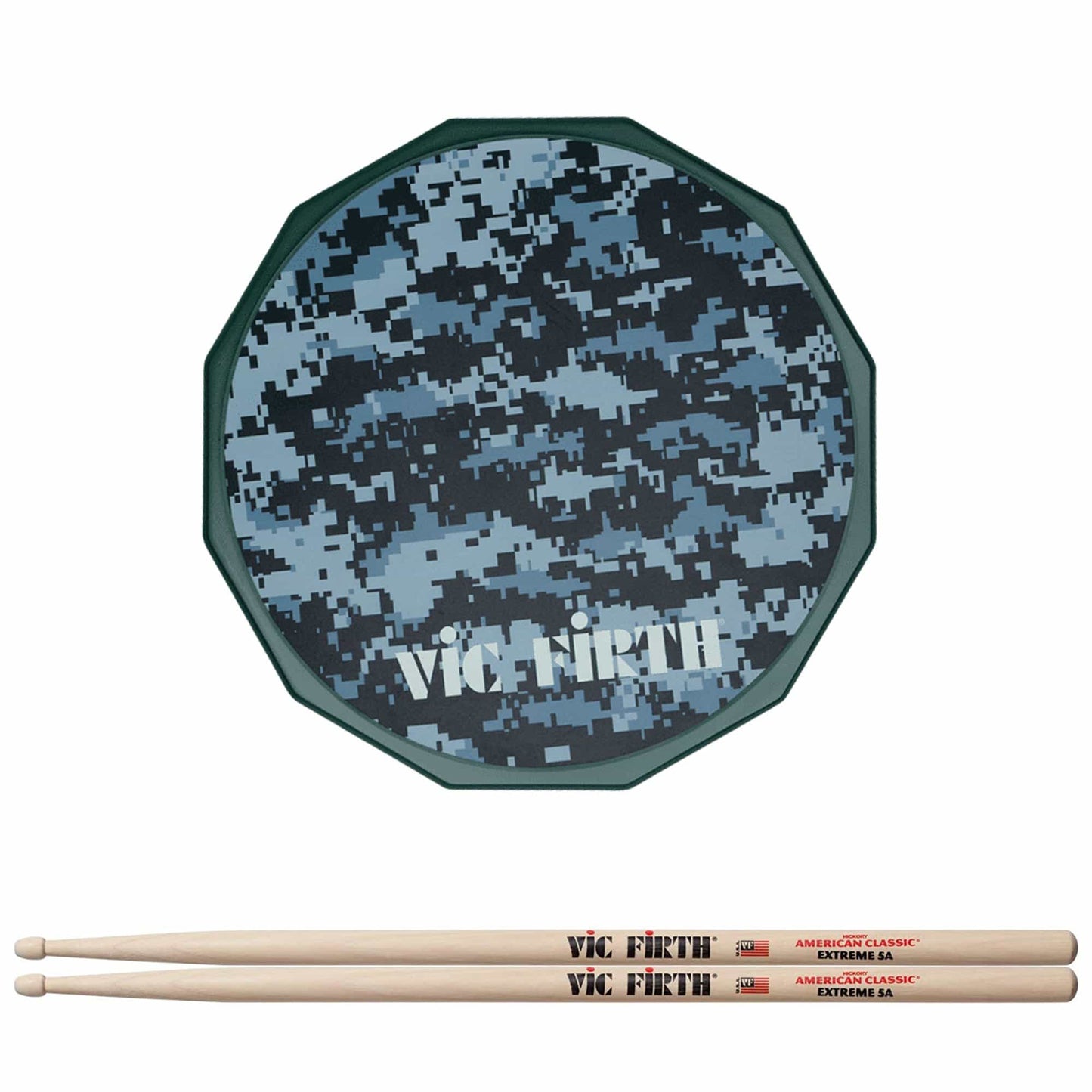 Vic Firth 6" Digital Camo Practice Pad and American Classic Extreme 5A Wood Tip Drum Sticks Bundle Drums and Percussion / Practice Pads
