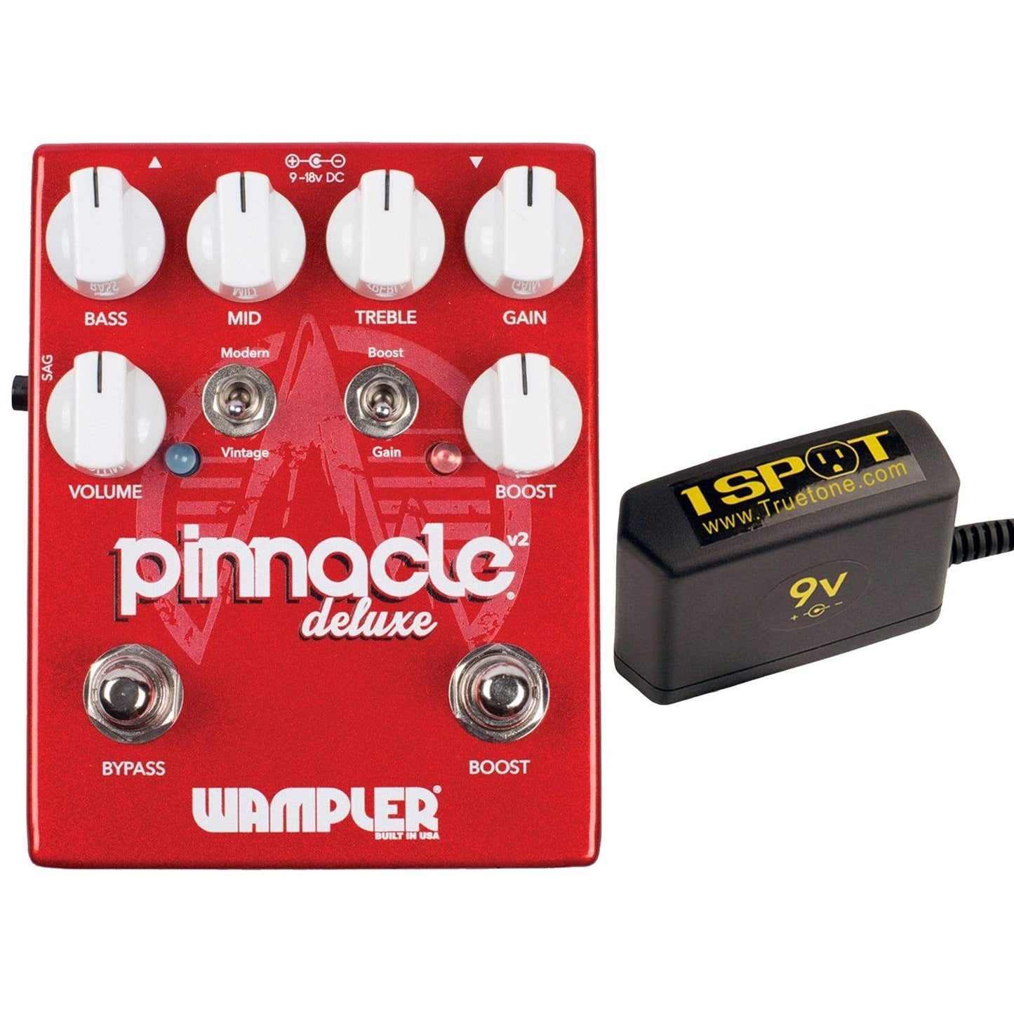 Wampler Pinnacle Deluxe Distortion w/Gain Boost Switch v2 Bundle w/ Truetone 1 Spot Space Saving 9v Adapter Effects and Pedals / Distortion