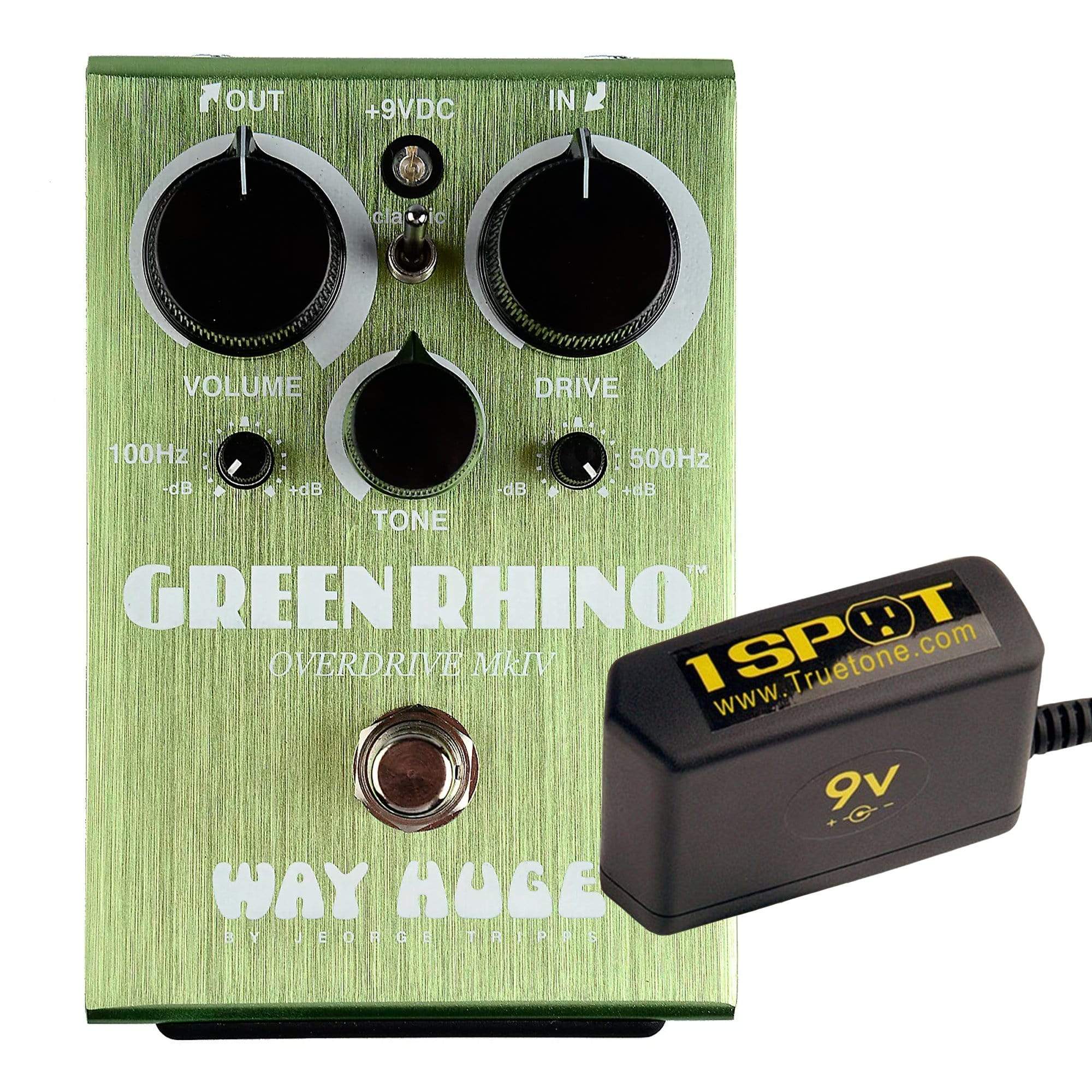 Way Huge WHE207 Green Rhino MkIV Overdrive Bundle w/ Truetone 1 Spot Space Saving 9v Adapter Effects and Pedals / Overdrive and Boost