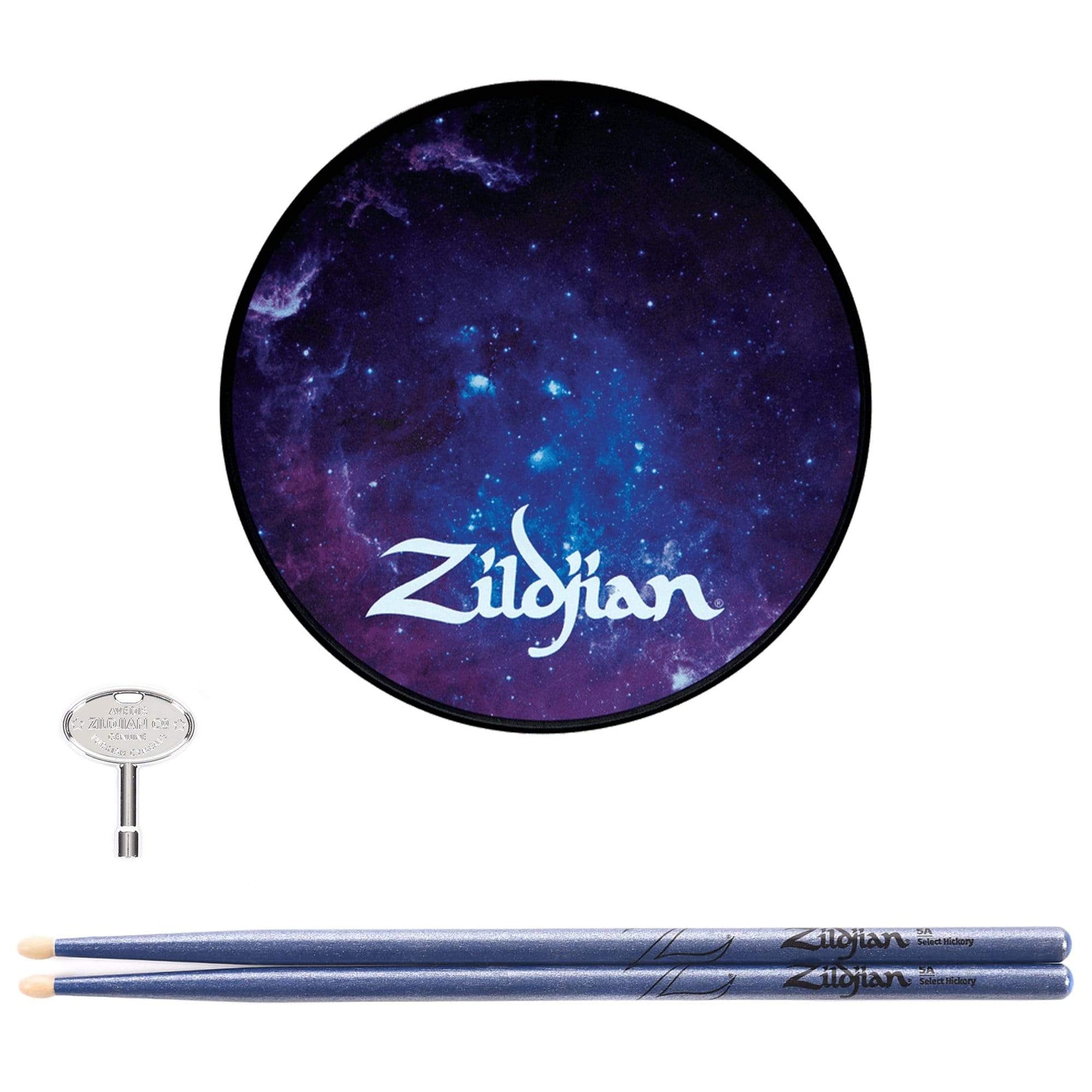 Zildjian 6" Galaxy Practice Pad, 5A Blue Chroma Drum Sticks, and Trademark Drum Key Bundle Drums and Percussion / Practice Pads