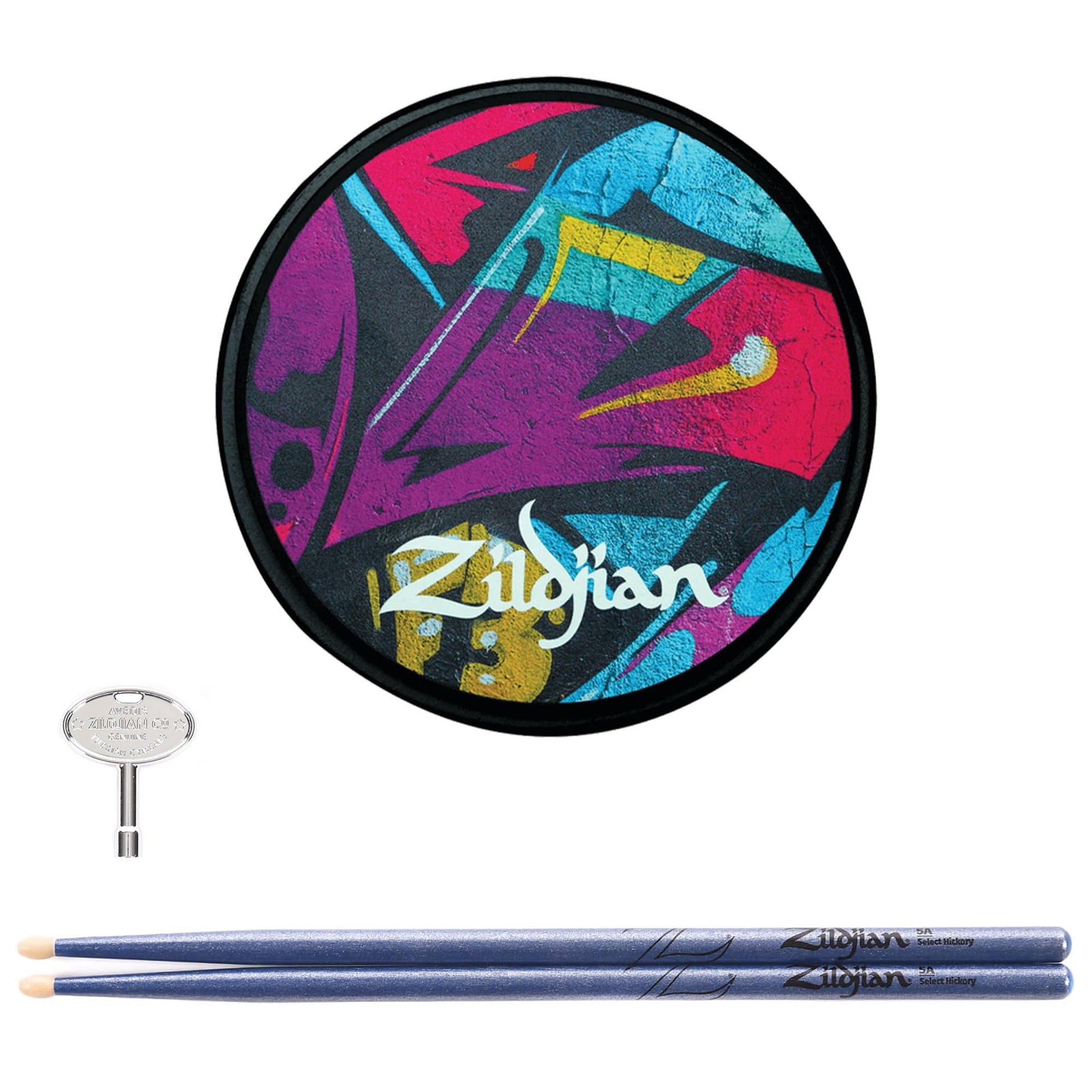 Zildjian 6" Grafitti Practice Pad, 5A Blue Chroma Drum Sticks, and Trademark Drum Key Bundle Drums and Percussion / Practice Pads